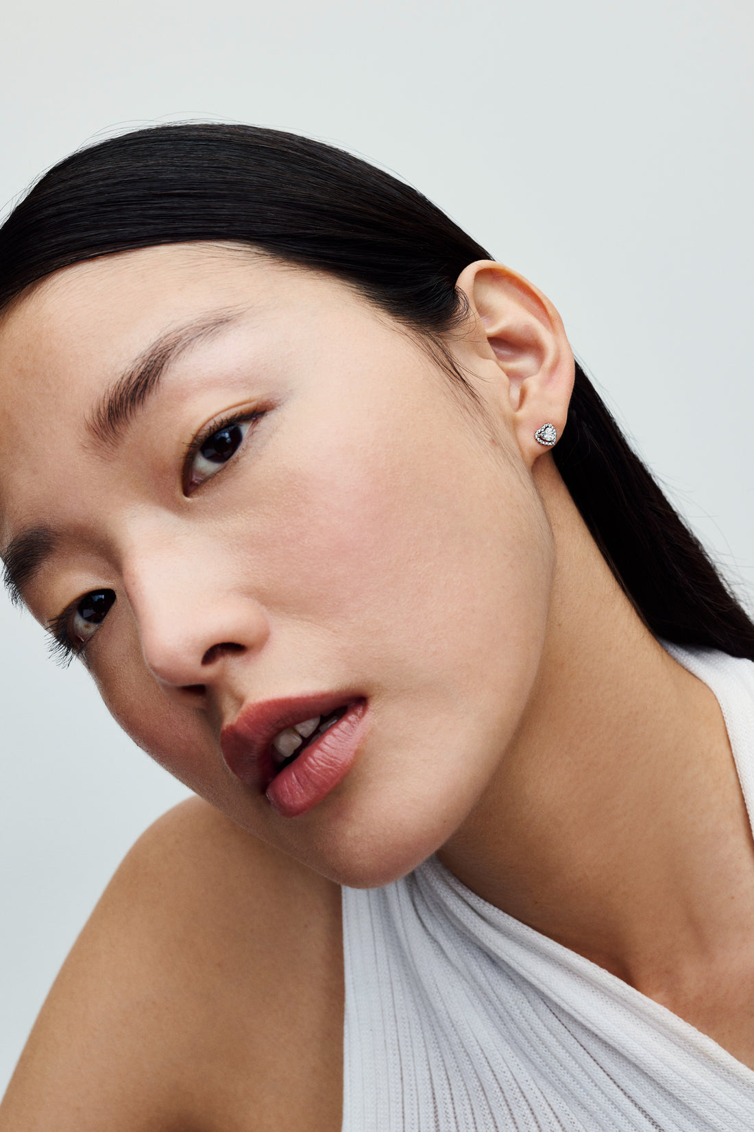 Heart Sterling Silver Stud Earrings With Clear Cubic Zirconia