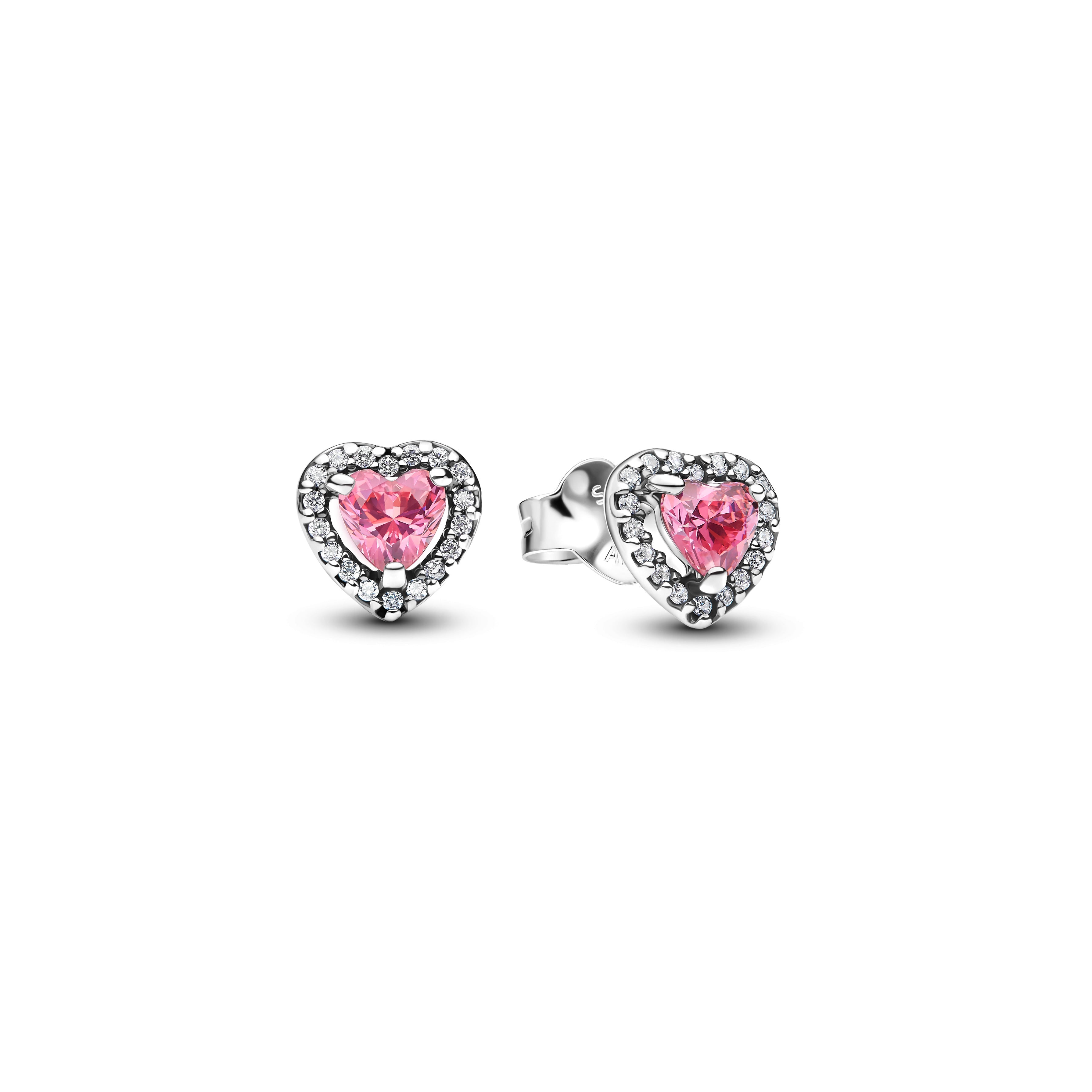 Heart Sterling Silver Stud Earrings With Fancy Pink And Clear Cubic Zirconia
