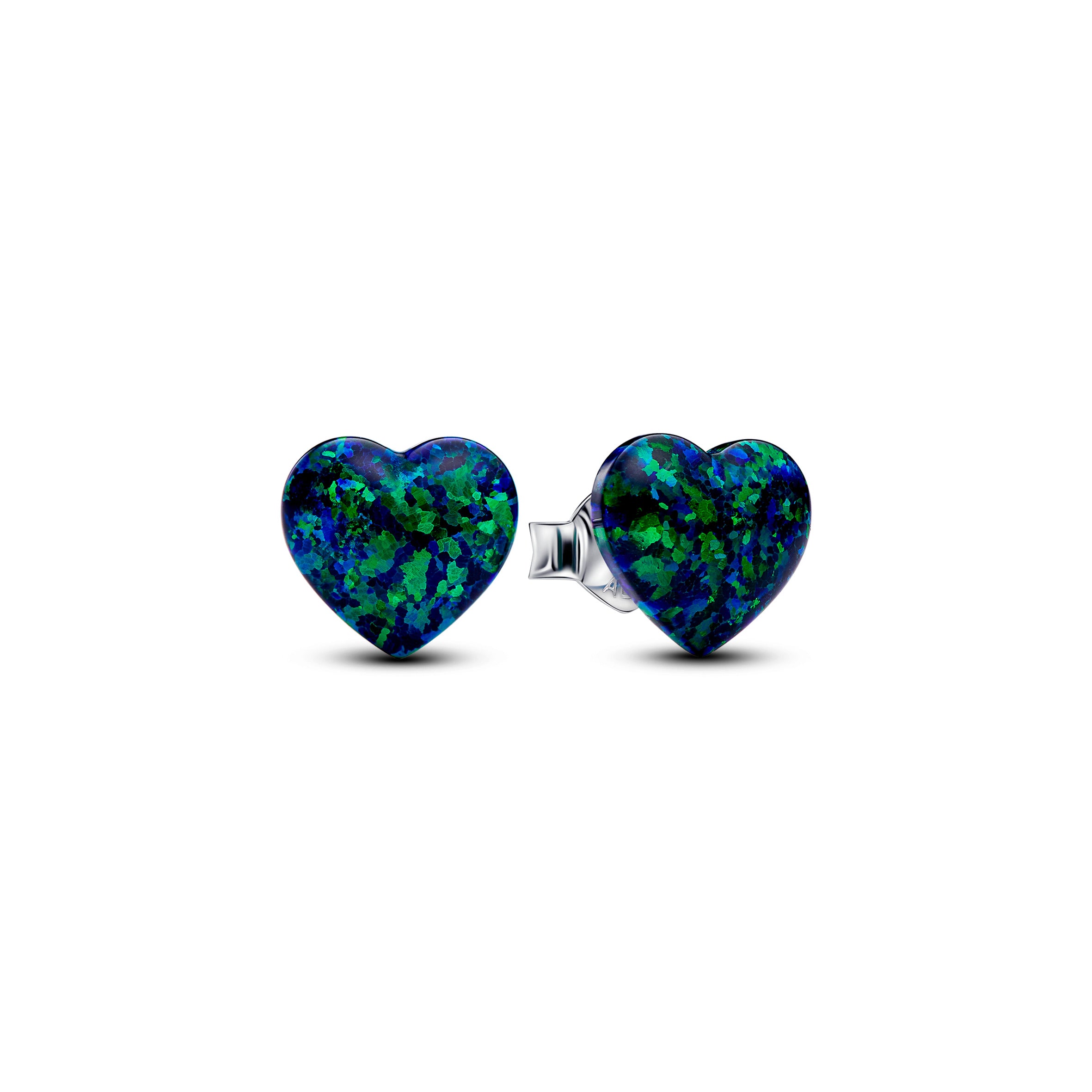Heart Sterling Silver Stud Earrings With Green Blue Lab-Created Opal