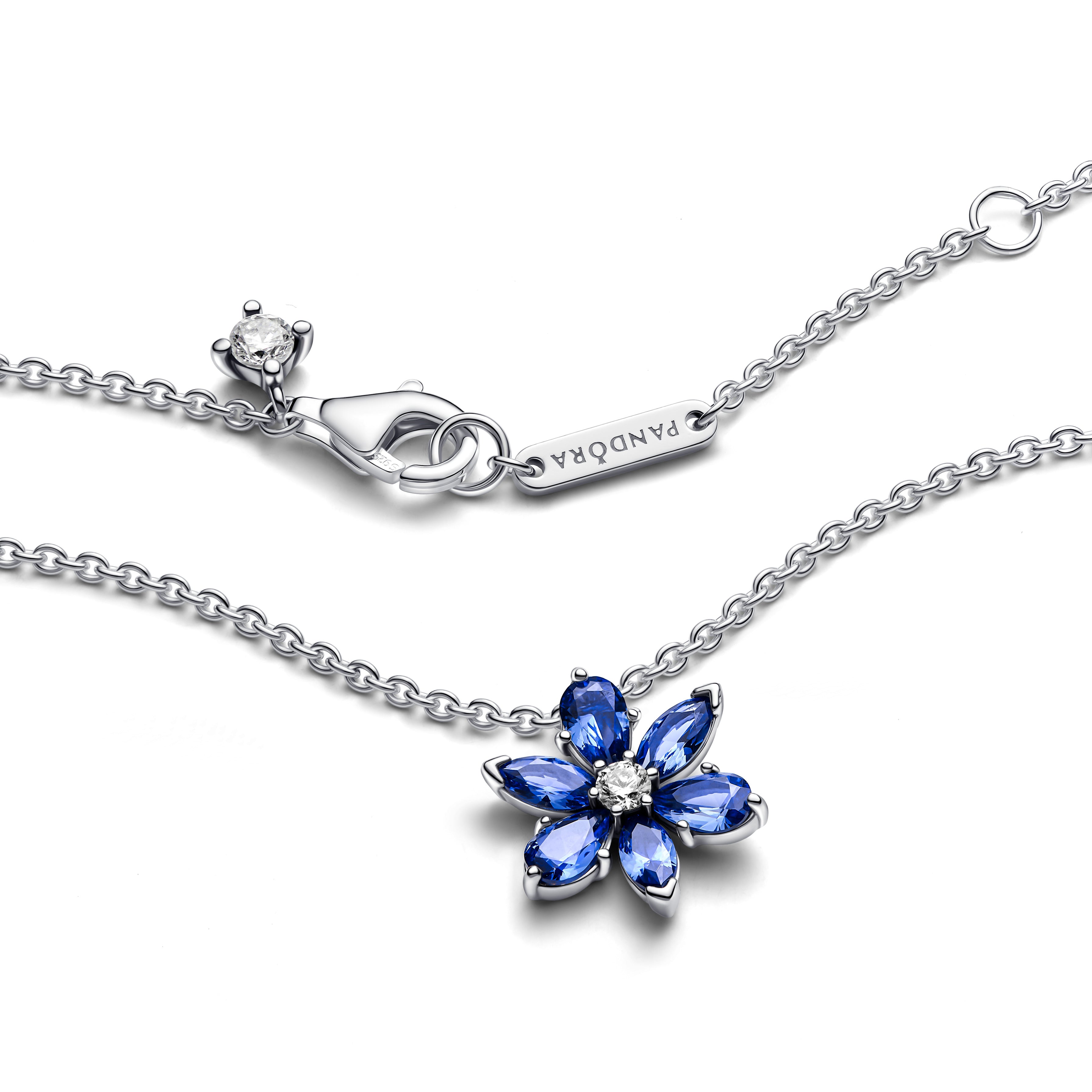 Herbarium Cluster Sterling Silver Collier With Princess Blue Crystal And Clear Cubic Zirconia