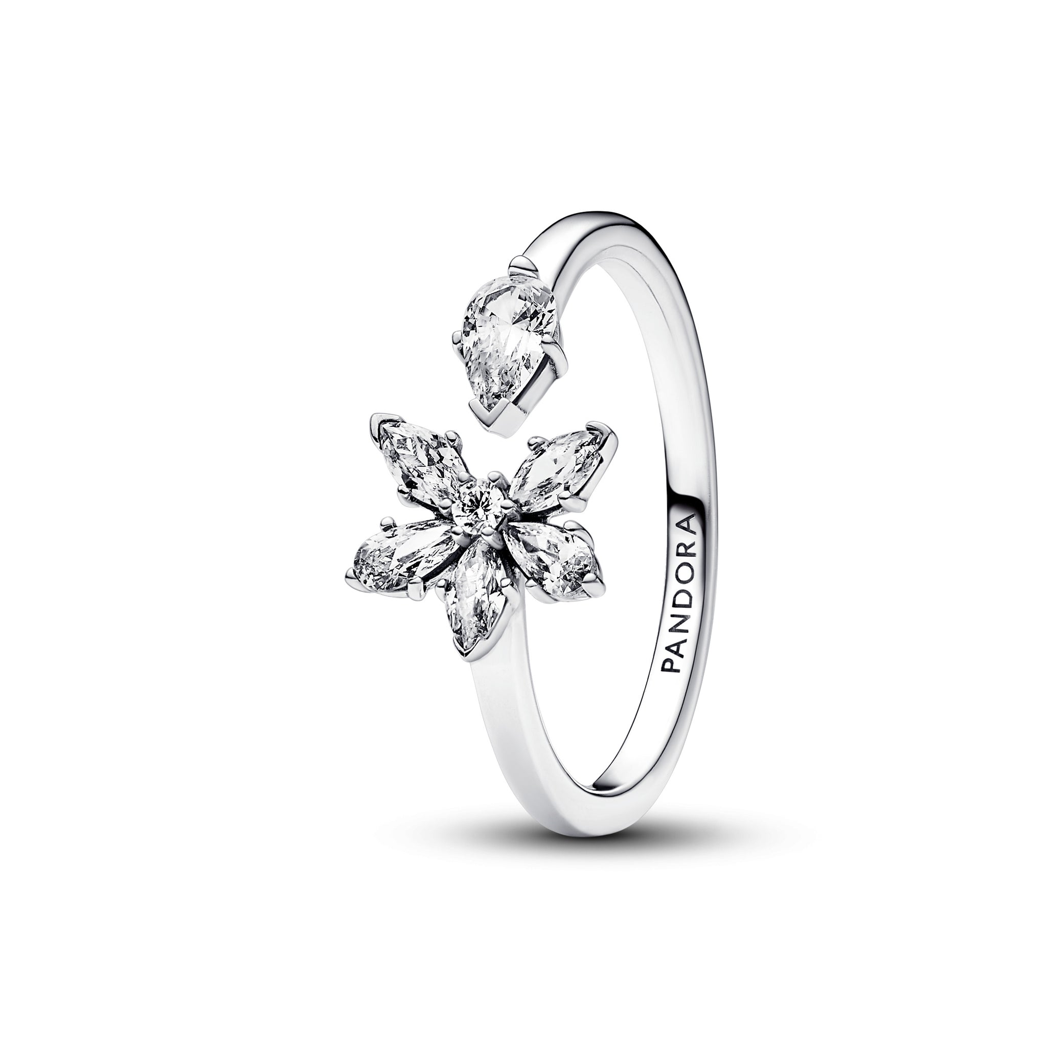 Herbarium Cluster Sterling Silver Open Ring With Clear Cubic Zirconia