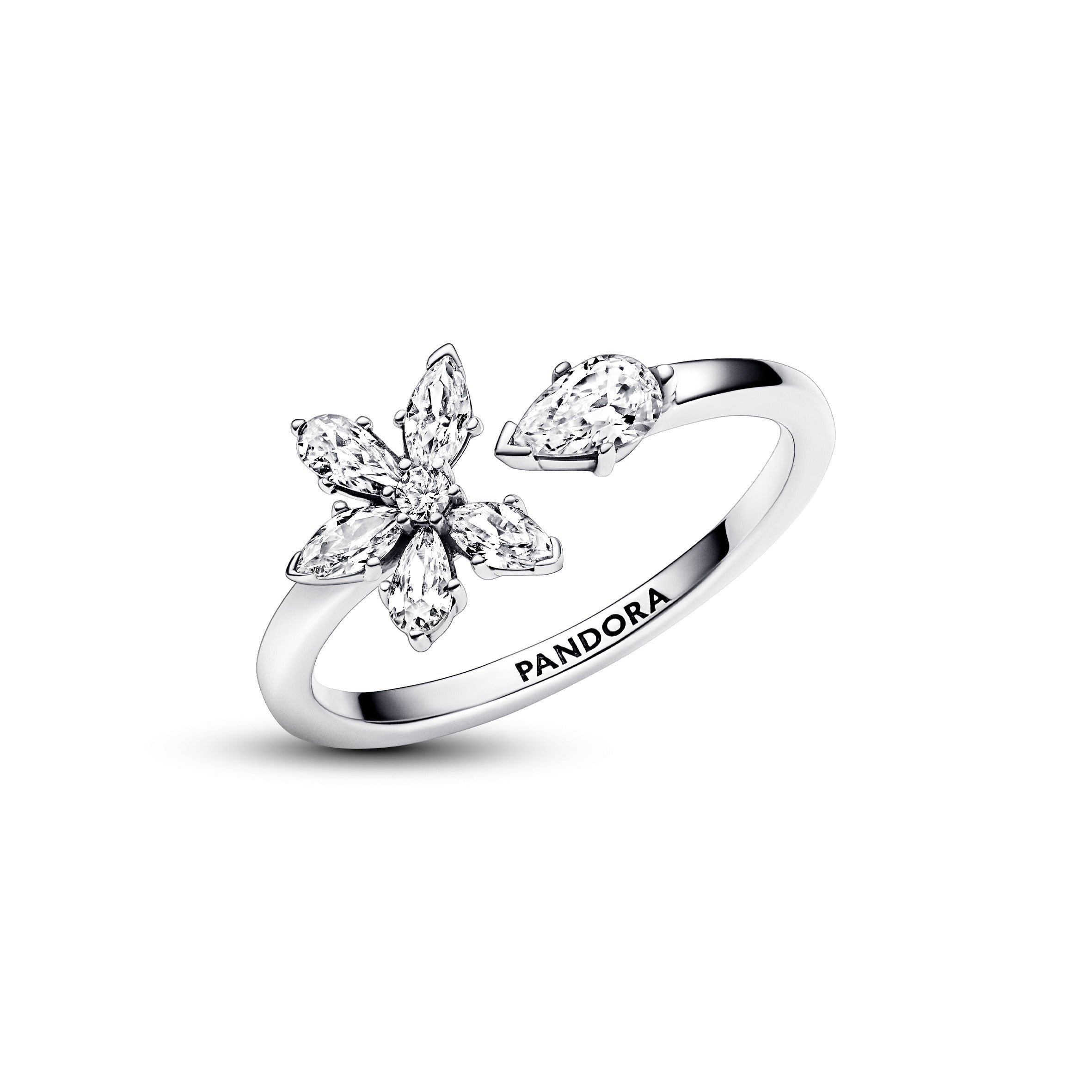 Herbarium Cluster Sterling Silver Open Ring With Clear Cubic Zirconia