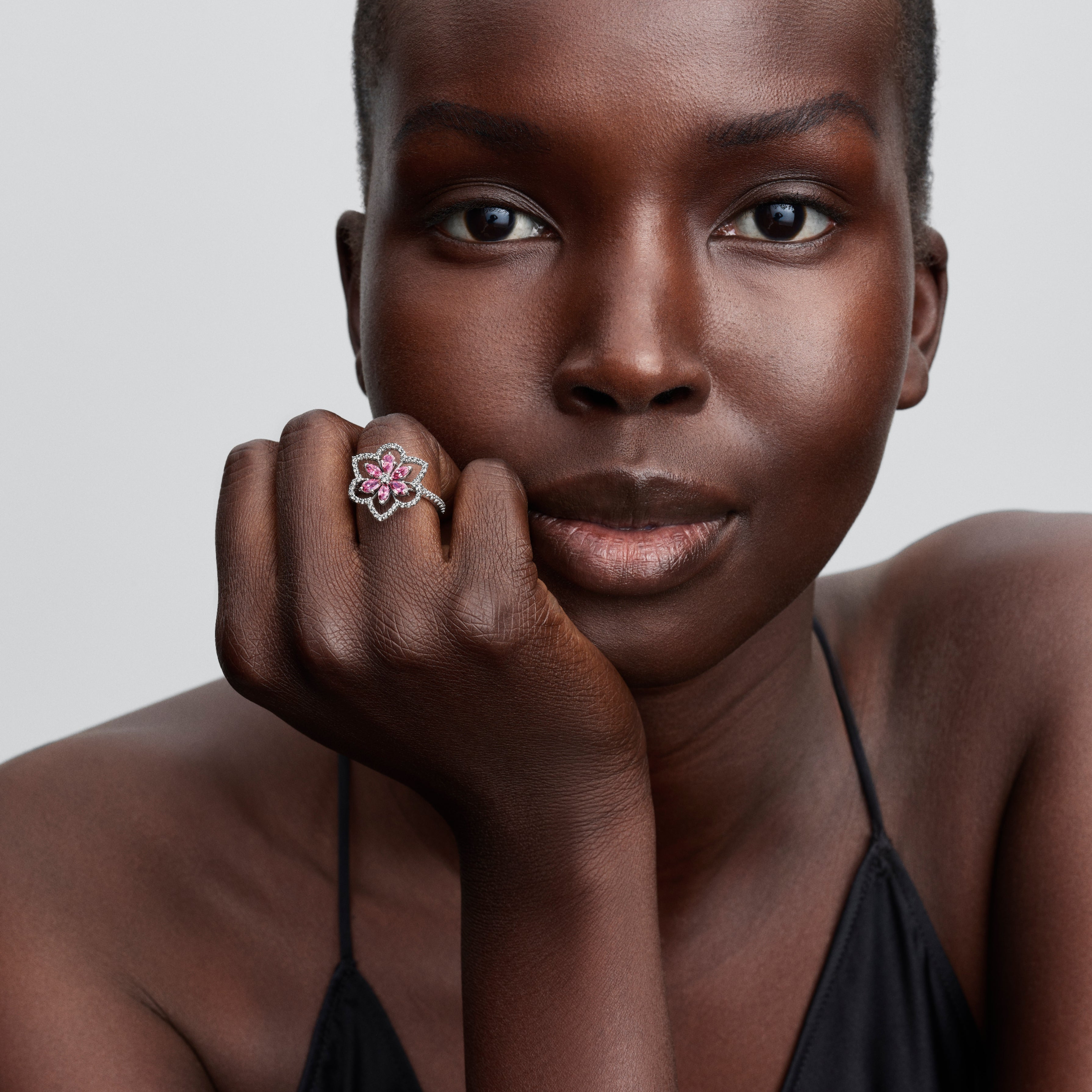 Herbarium Cluster Sterling Silver Ring With Fancy Pink And Clear Cubic Zirconia