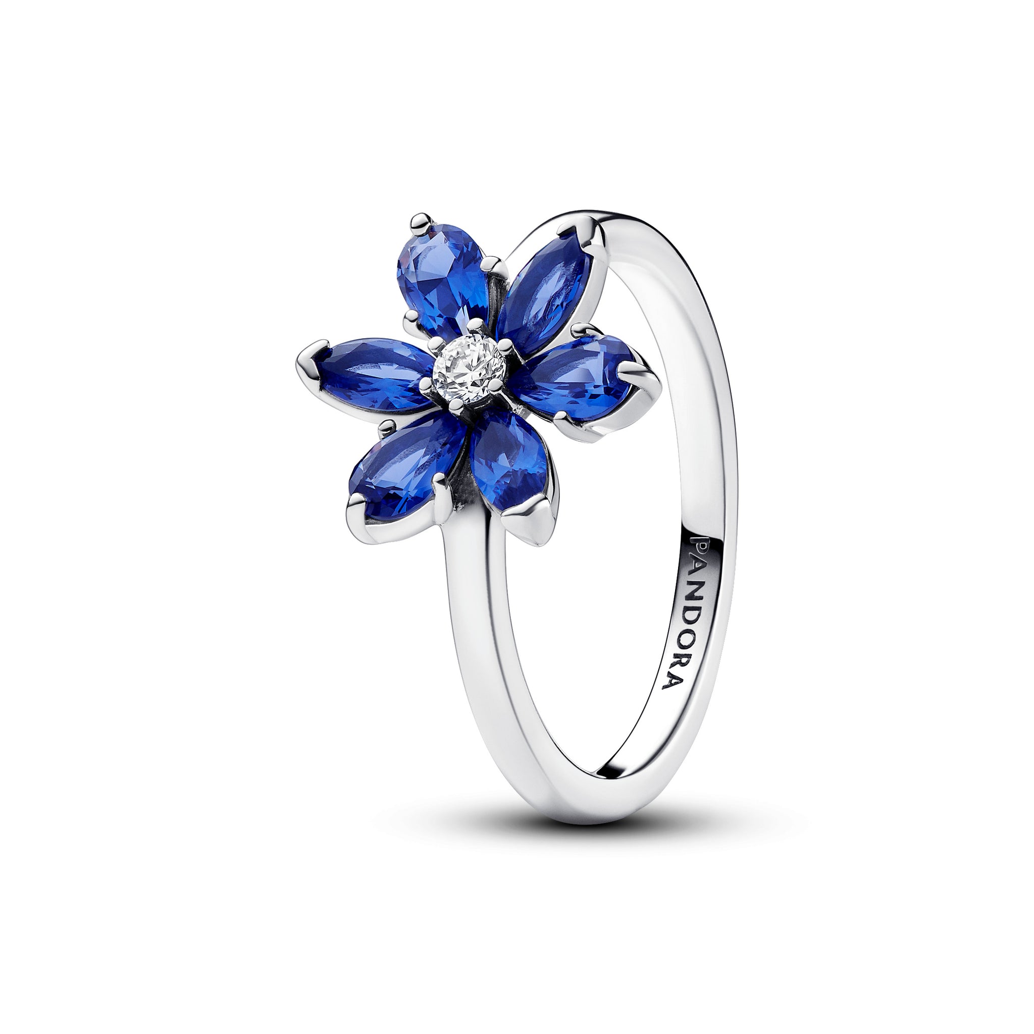 Herbarium Cluster Sterling Silver Ring With Princess Blue Crystal And Clear Cubic Zirconia