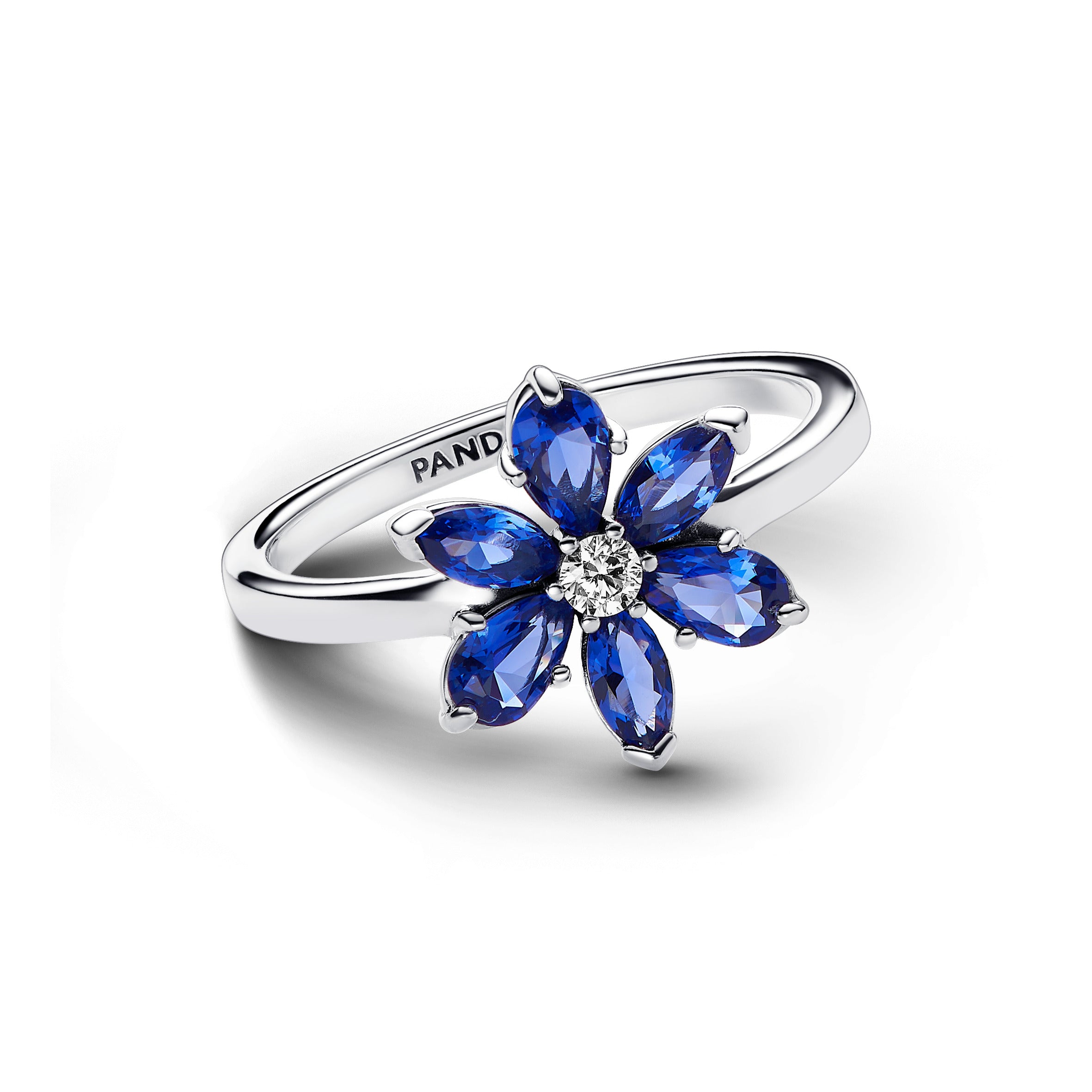 Herbarium Cluster Sterling Silver Ring With Princess Blue Crystal And Clear Cubic Zirconia