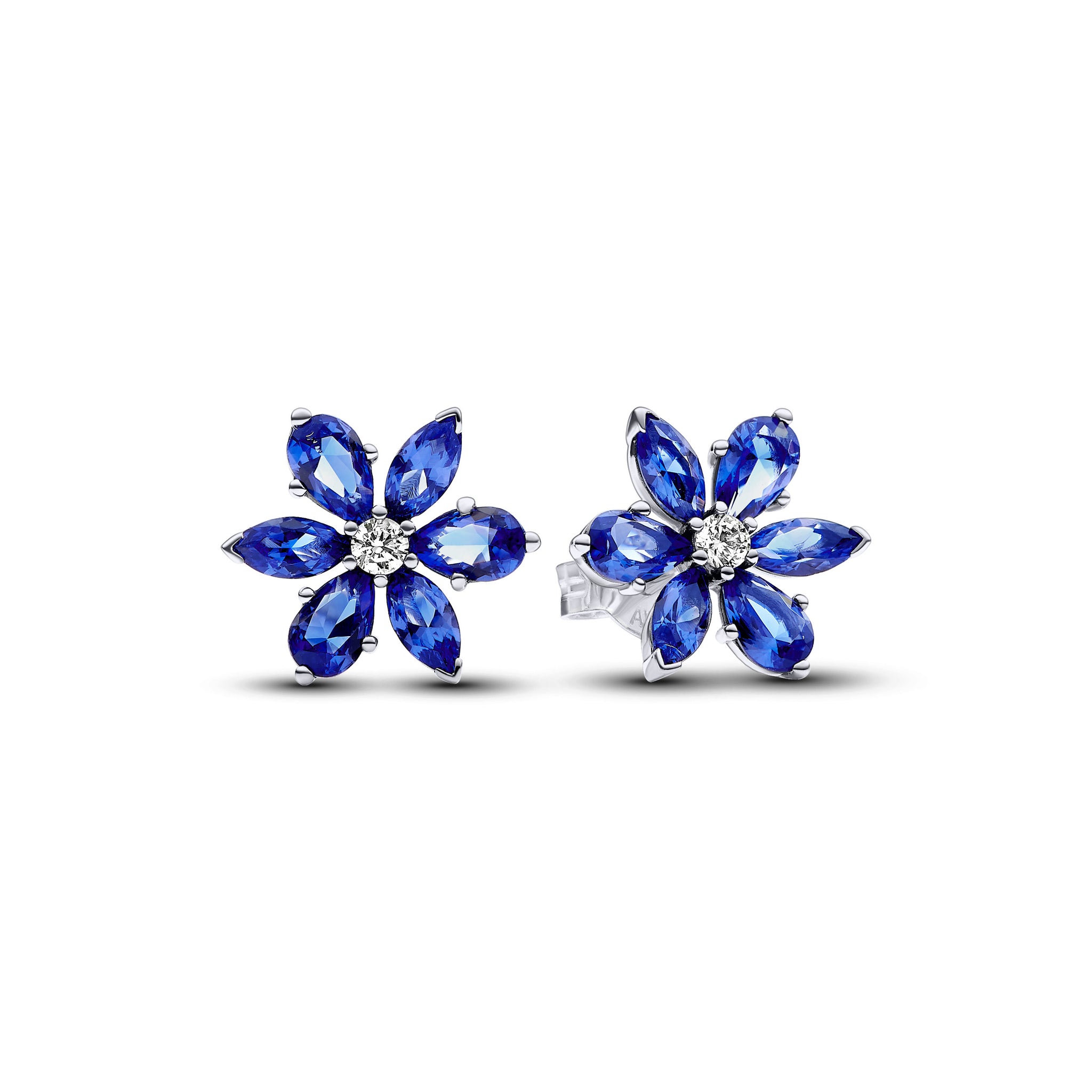 Herbarium Cluster Sterling Silver Stud Earrings With Princess Blue Crystal And Clear Cubic Zirconia
