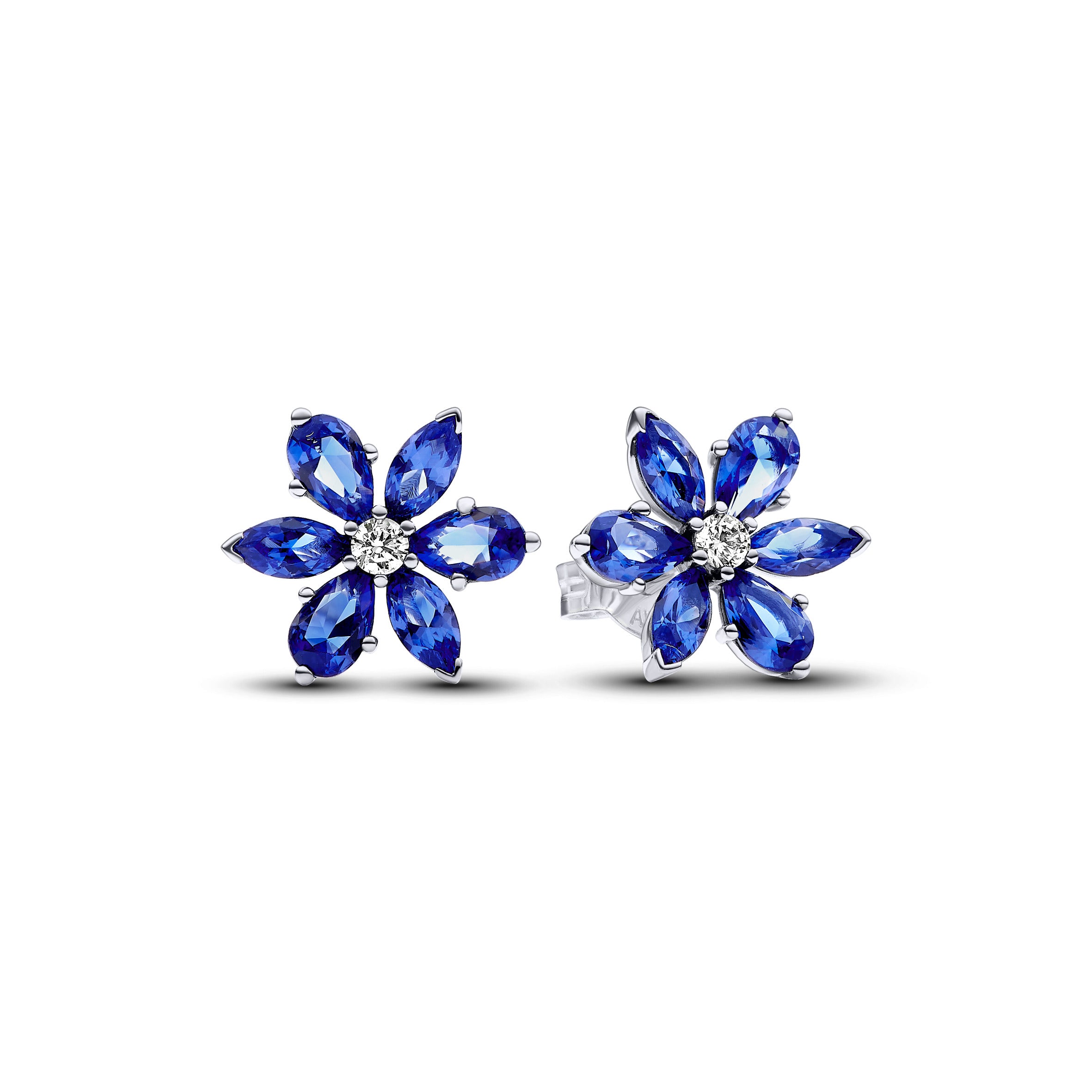 Herbarium Cluster Sterling Silver Stud Earrings With Princess Blue Crystal And Clear Cubic Zirconia
