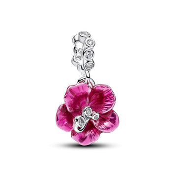 Hibiscus Sterling Silver Dangle With Clear Cubic Zirconia And Pink Enamel