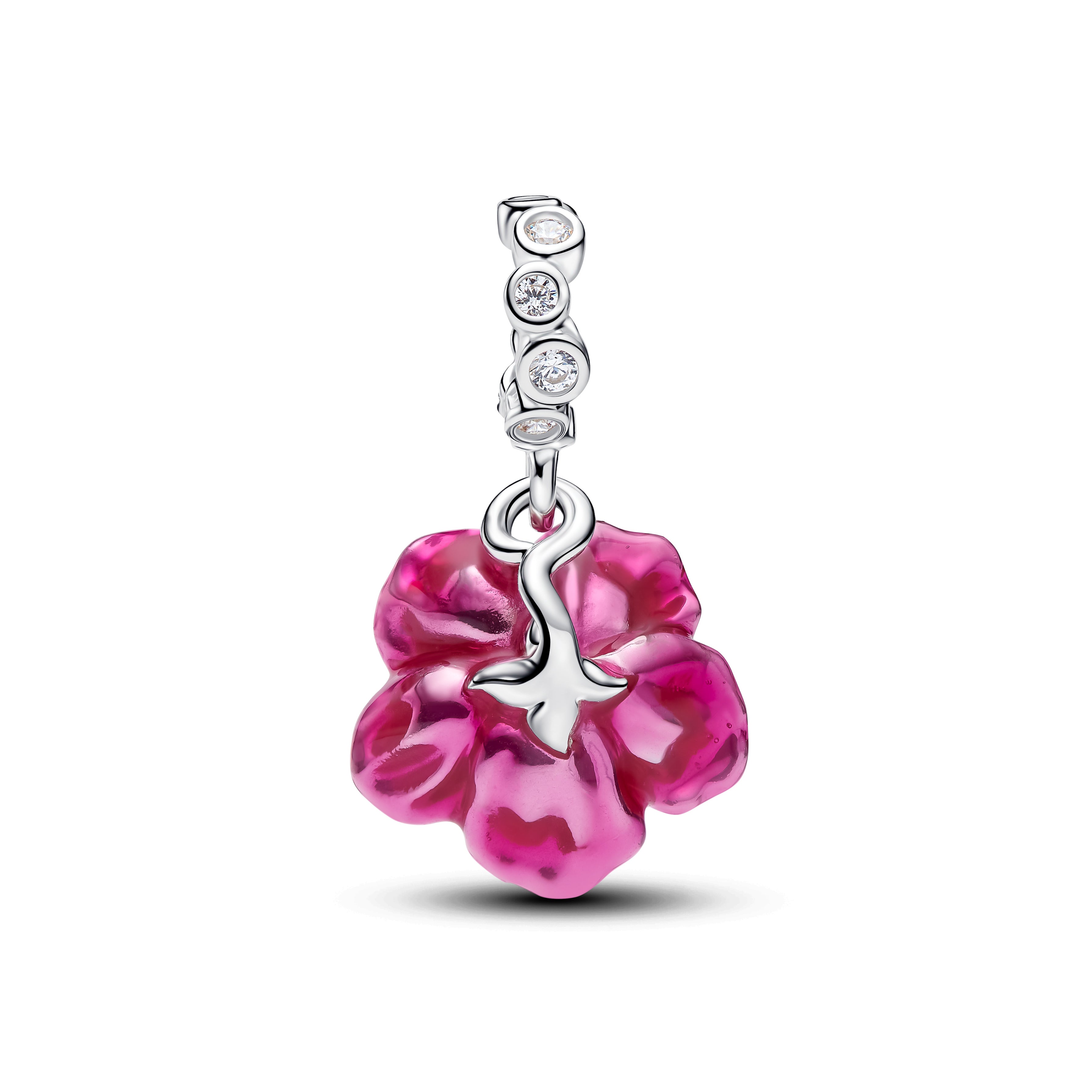 Hibiscus Sterling Silver Dangle With Clear Cubic Zirconia And Pink Enamel