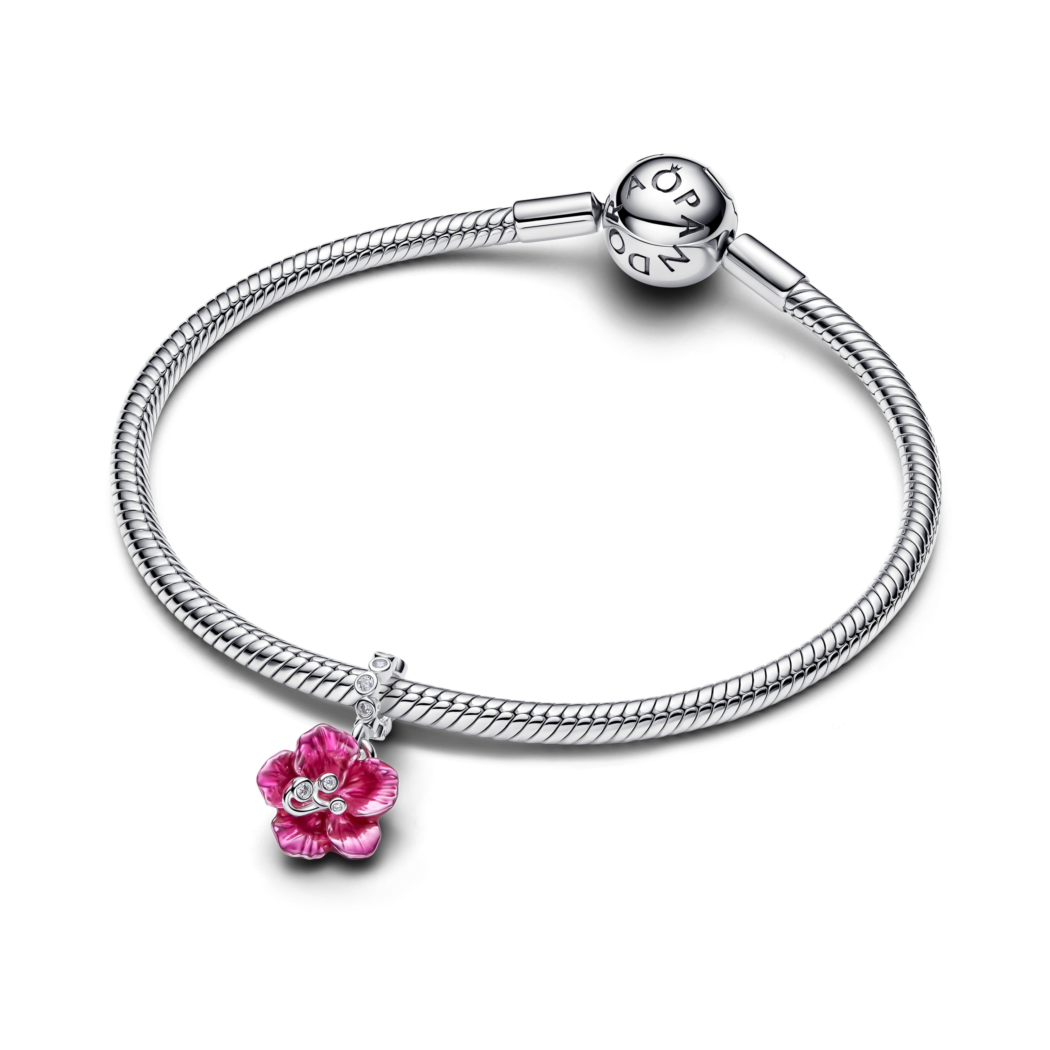 Hibiscus Sterling Silver Dangle With Clear Cubic Zirconia And Pink Enamel