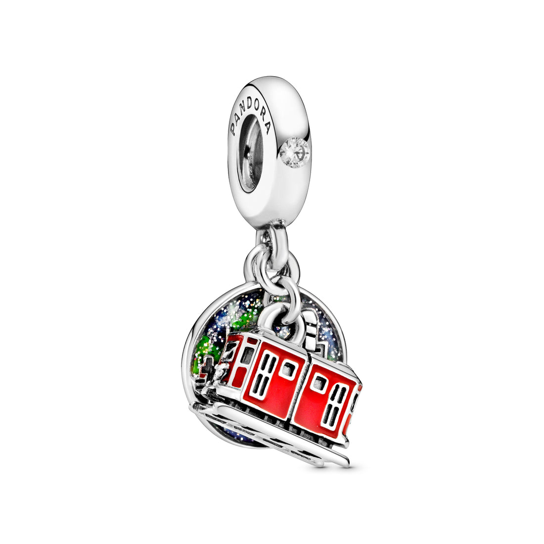 Hong Kong Peak Tram Sterling Silver Dangle With Clear Cubic Zirconia And Red, Blue, Yellow And Glittery Enamel