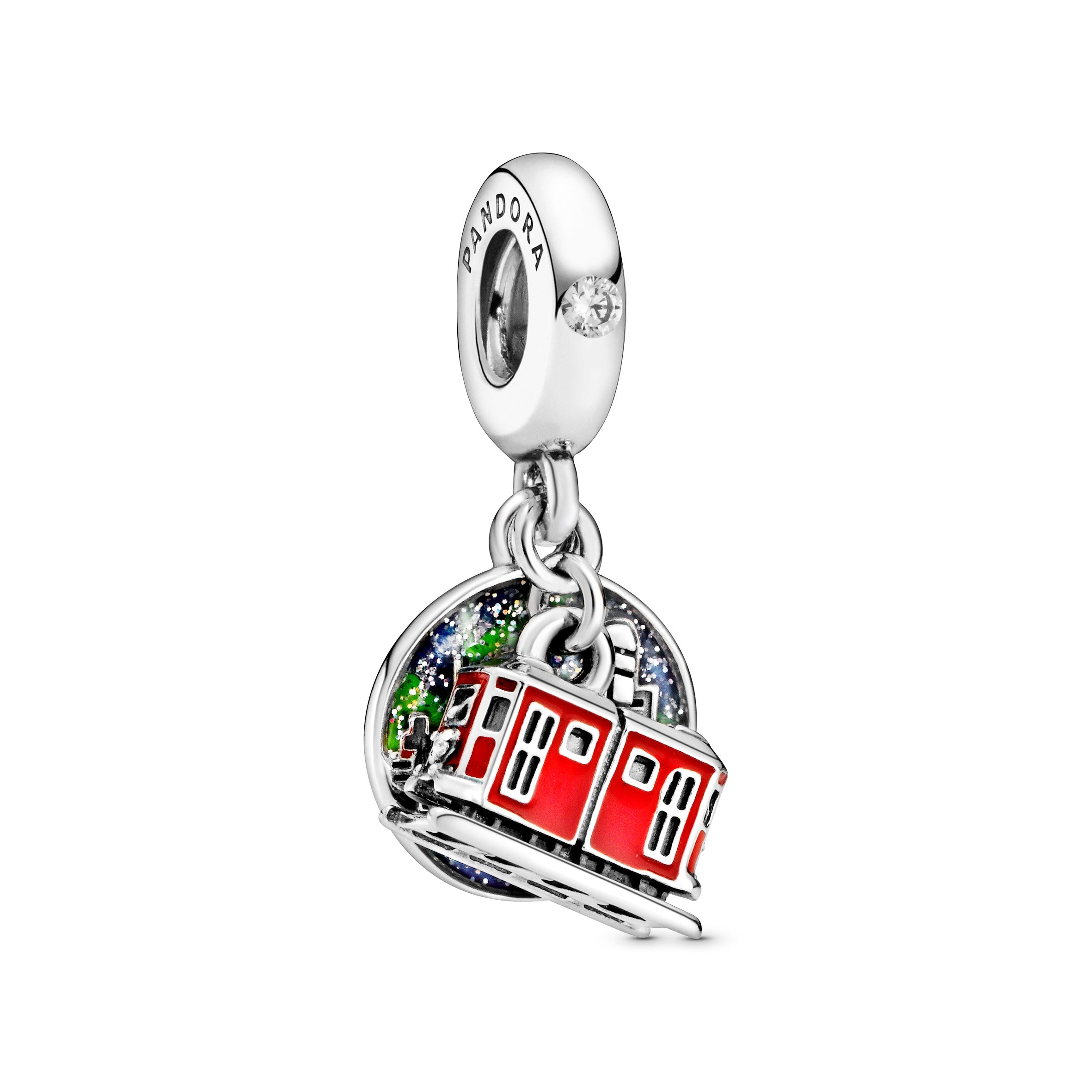 Hong Kong Peak Tram Sterling Silver Dangle With Clear Cubic Zirconia And Red, Blue, Yellow And Glittery Enamel