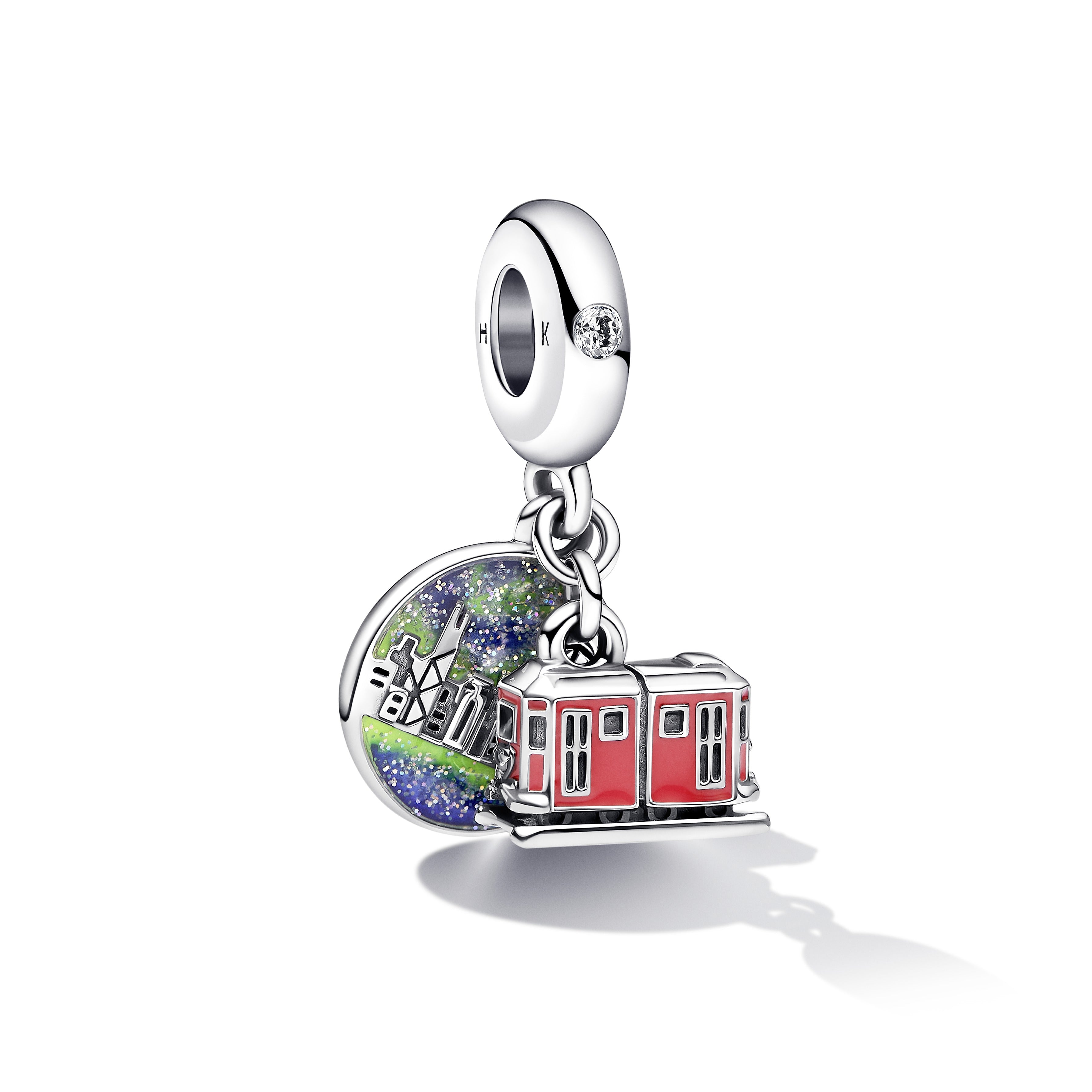 Hong Kong Peak Tram Sterling Silver Dangle With Clear Cubic Zirconia And Red, Blue, Yellow And Glittery Enamel