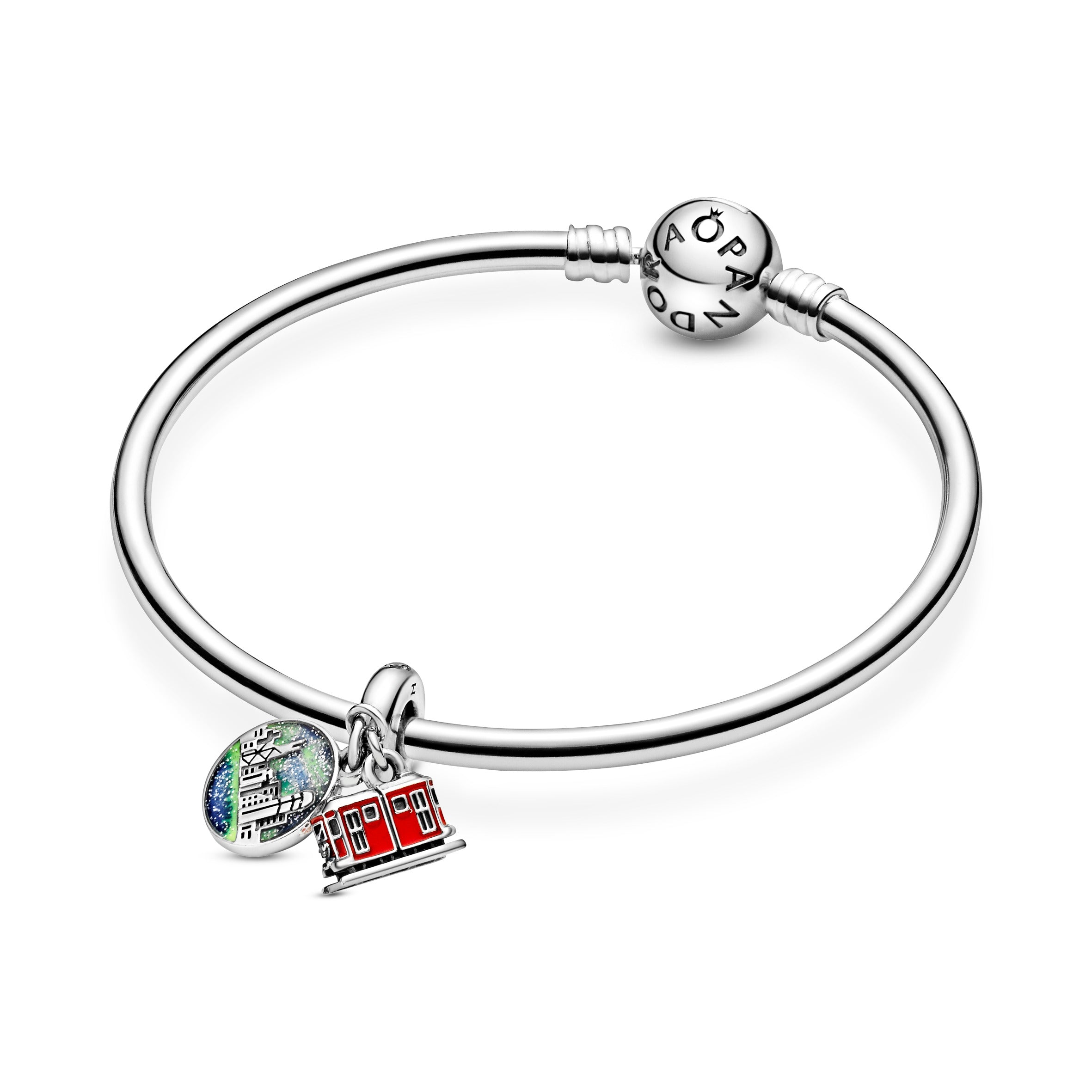 Hong Kong Peak Tram Sterling Silver Dangle With Clear Cubic Zirconia And Red, Blue, Yellow And Glittery Enamel