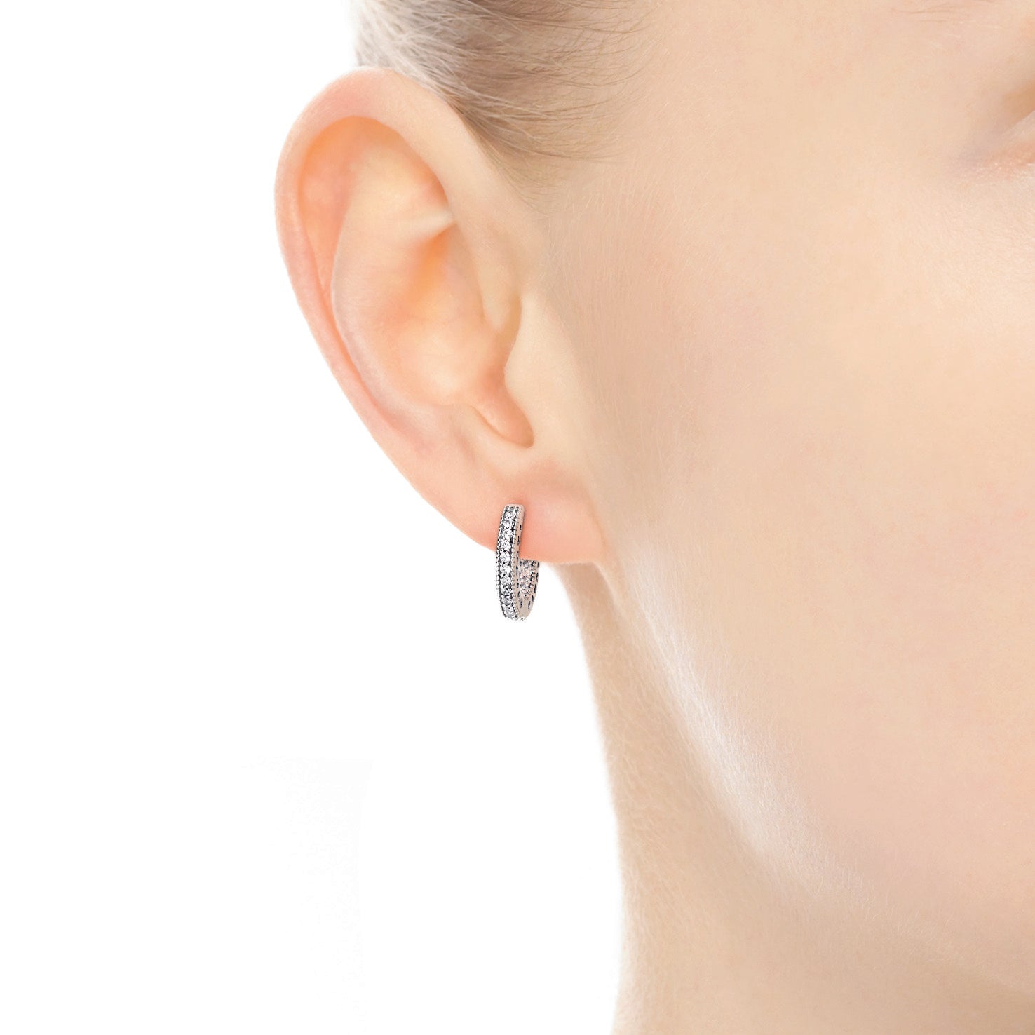 Hoop Silver Earrings With Clear Cubic Zirconia, 15 Mm