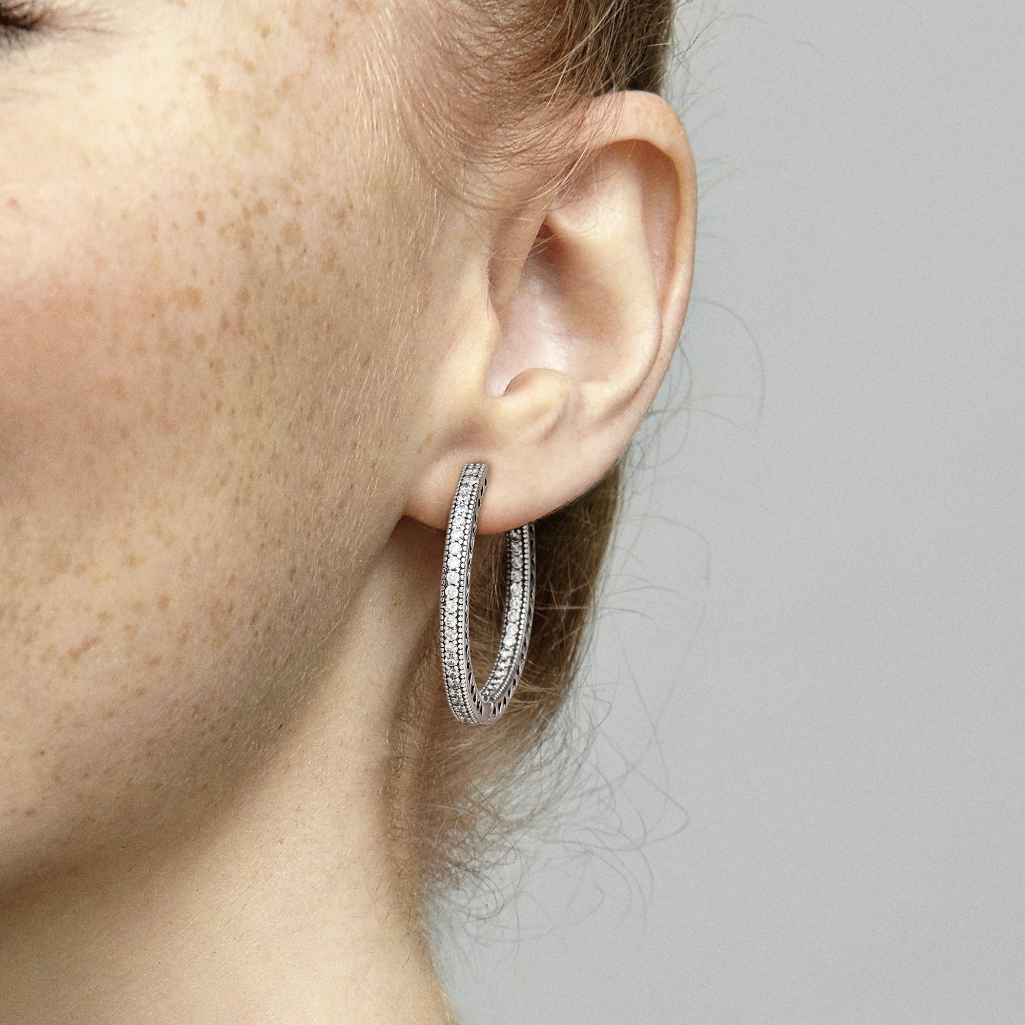 Hoop Silver Earrings With Clear Cubic Zirconia, 27 Mm