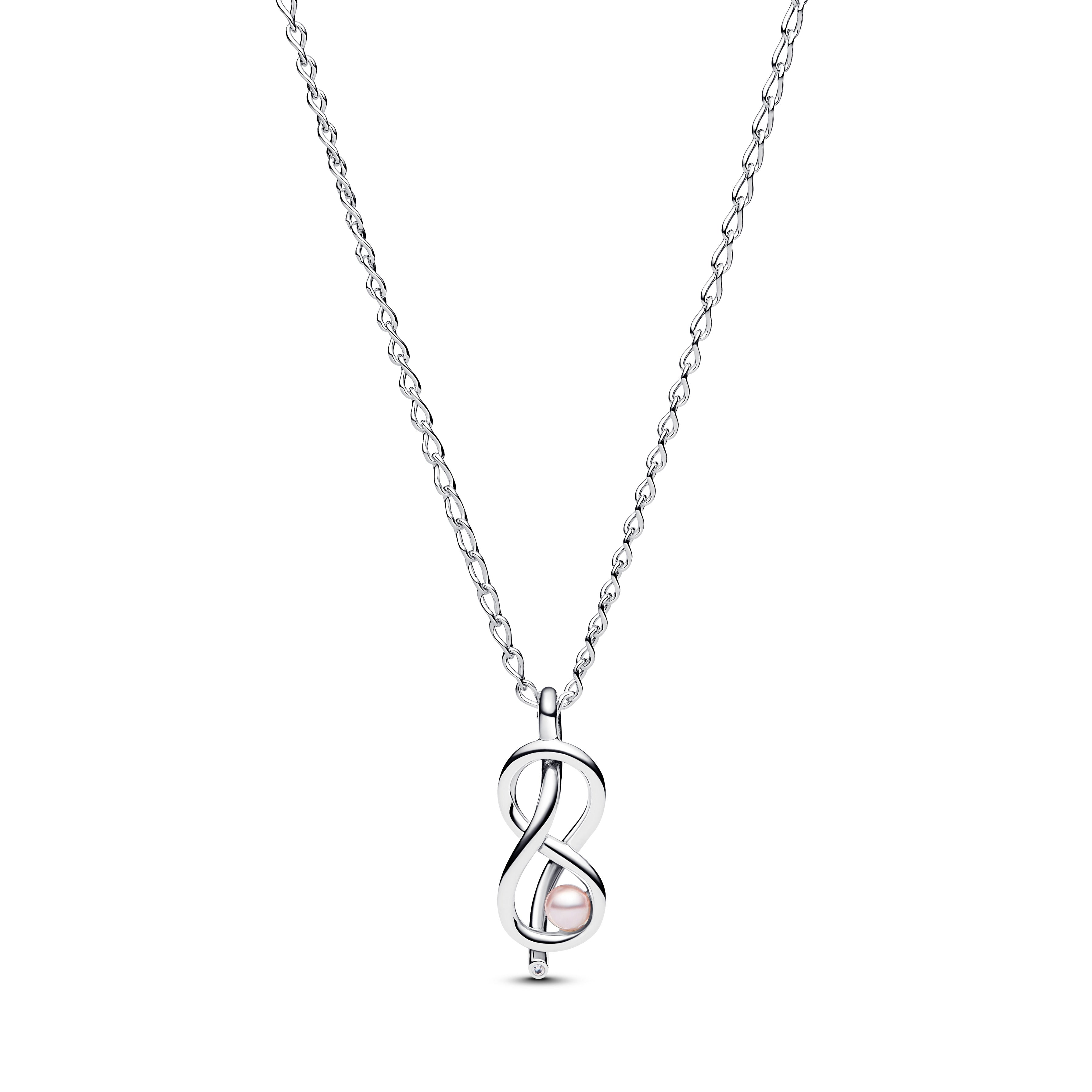 Infinity Knot Sterling Silver Pendant Necklace With Pink Lacquered Artificial Pearl And Clear Cubic Zirconia