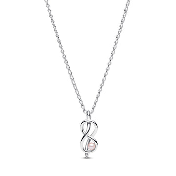 Infinity Knot Sterling Silver Pendant Necklace With Pink Lacquered Artificial Pearl And Clear Cubic Zirconia