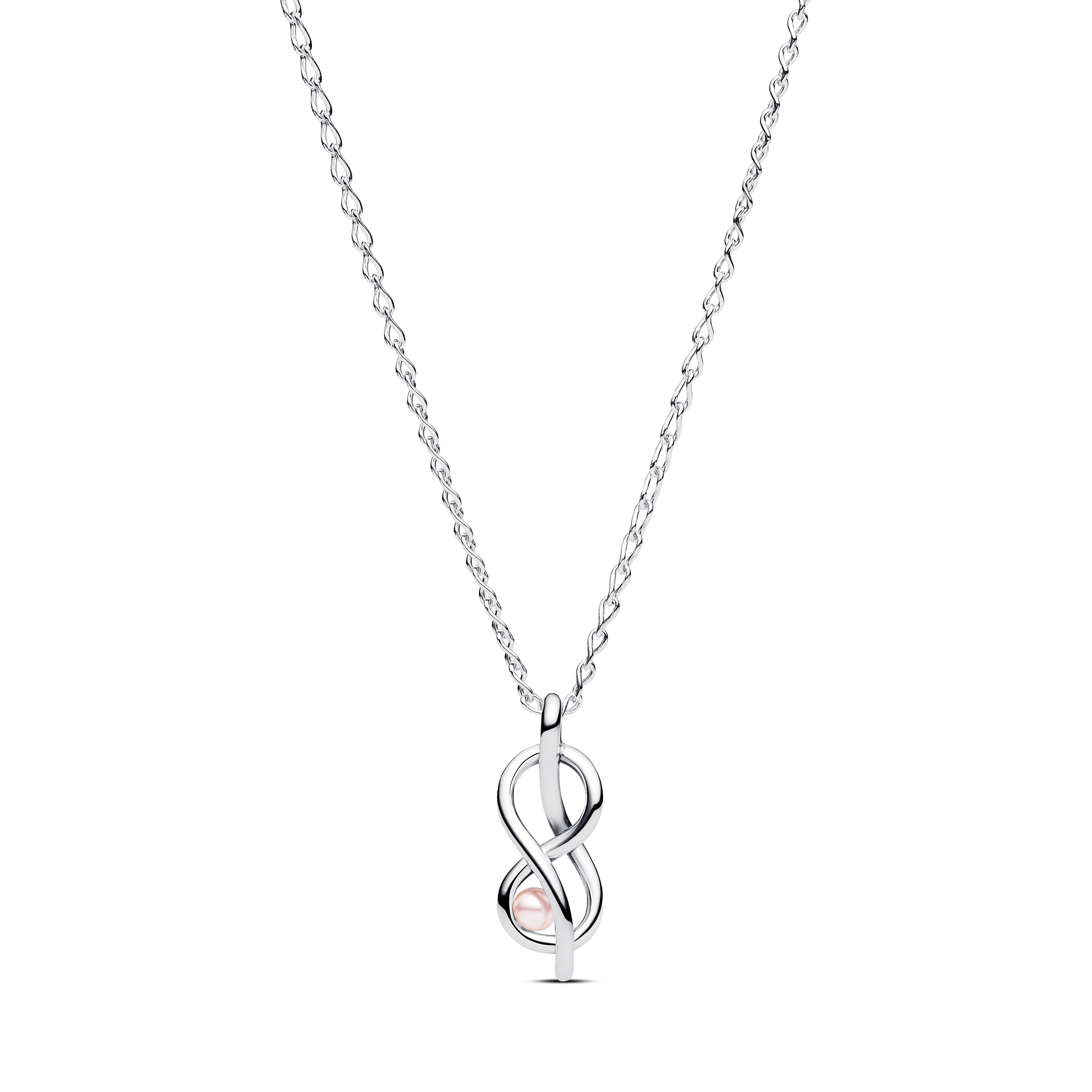 Infinity Knot Sterling Silver Pendant Necklace With Pink Lacquered Artificial Pearl And Clear Cubic Zirconia