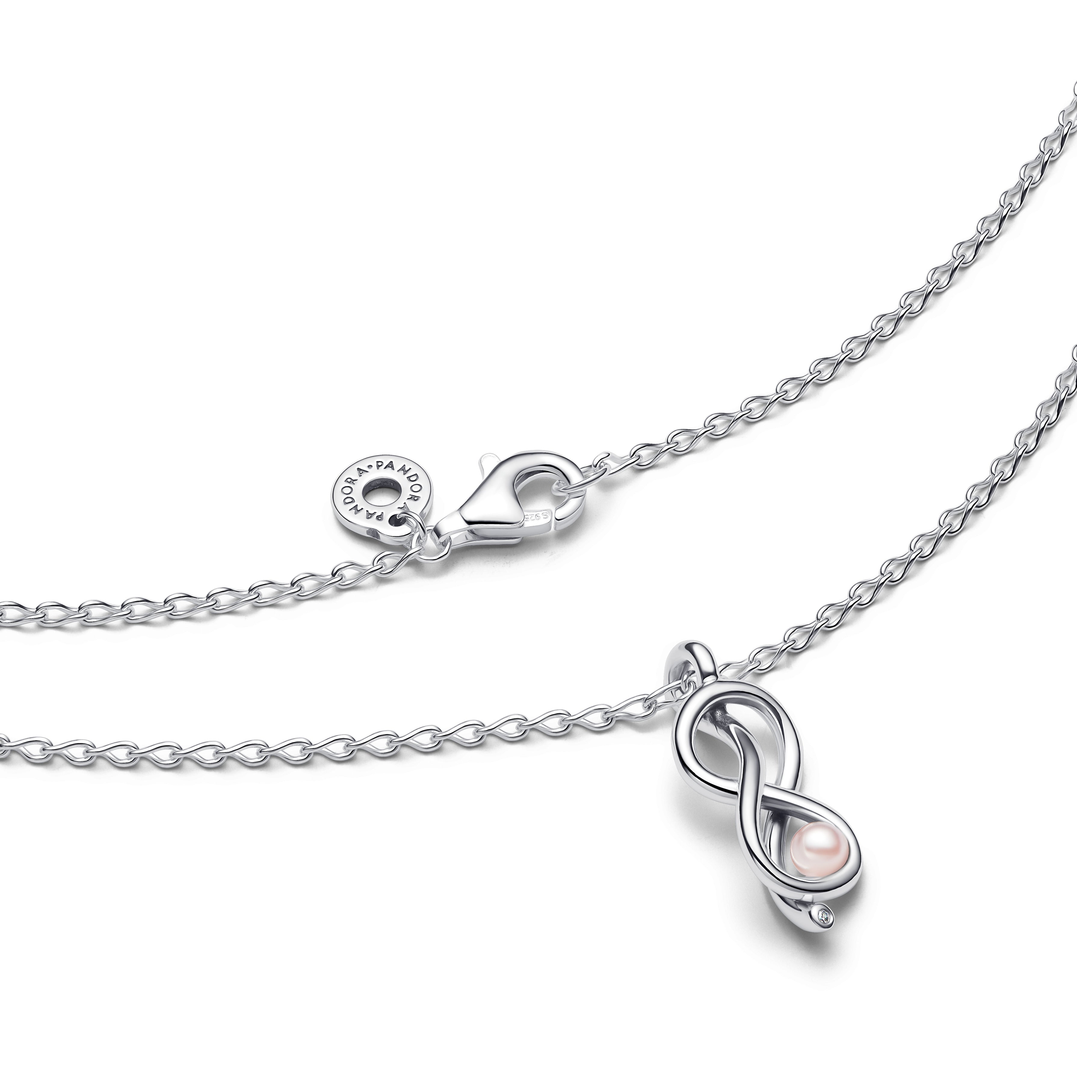 Infinity Knot Sterling Silver Pendant Necklace With Pink Lacquered Artificial Pearl And Clear Cubic Zirconia