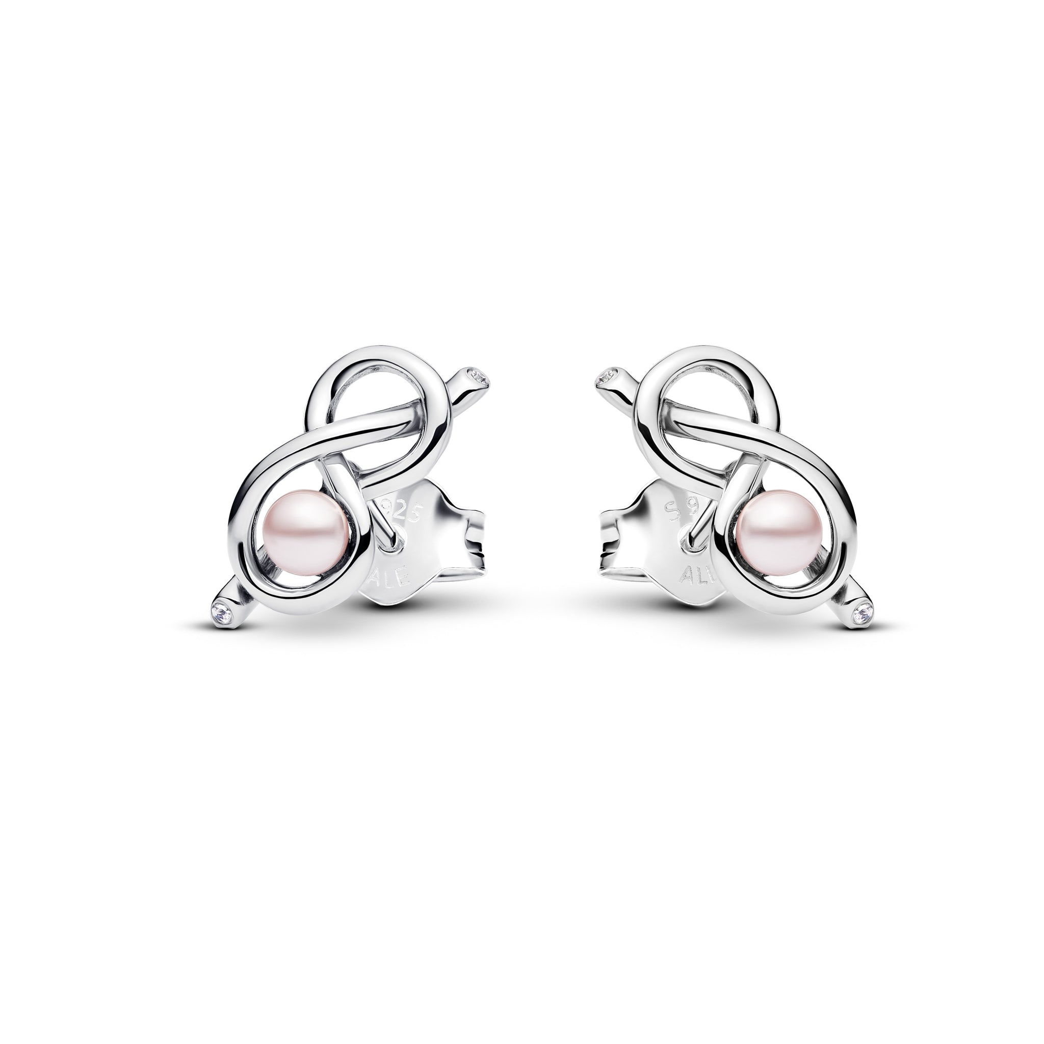 Infinity Knot Sterling Silver Stud Earrings With Pink Lacquered Artificial Pearl And Clear Cubic Zirconia