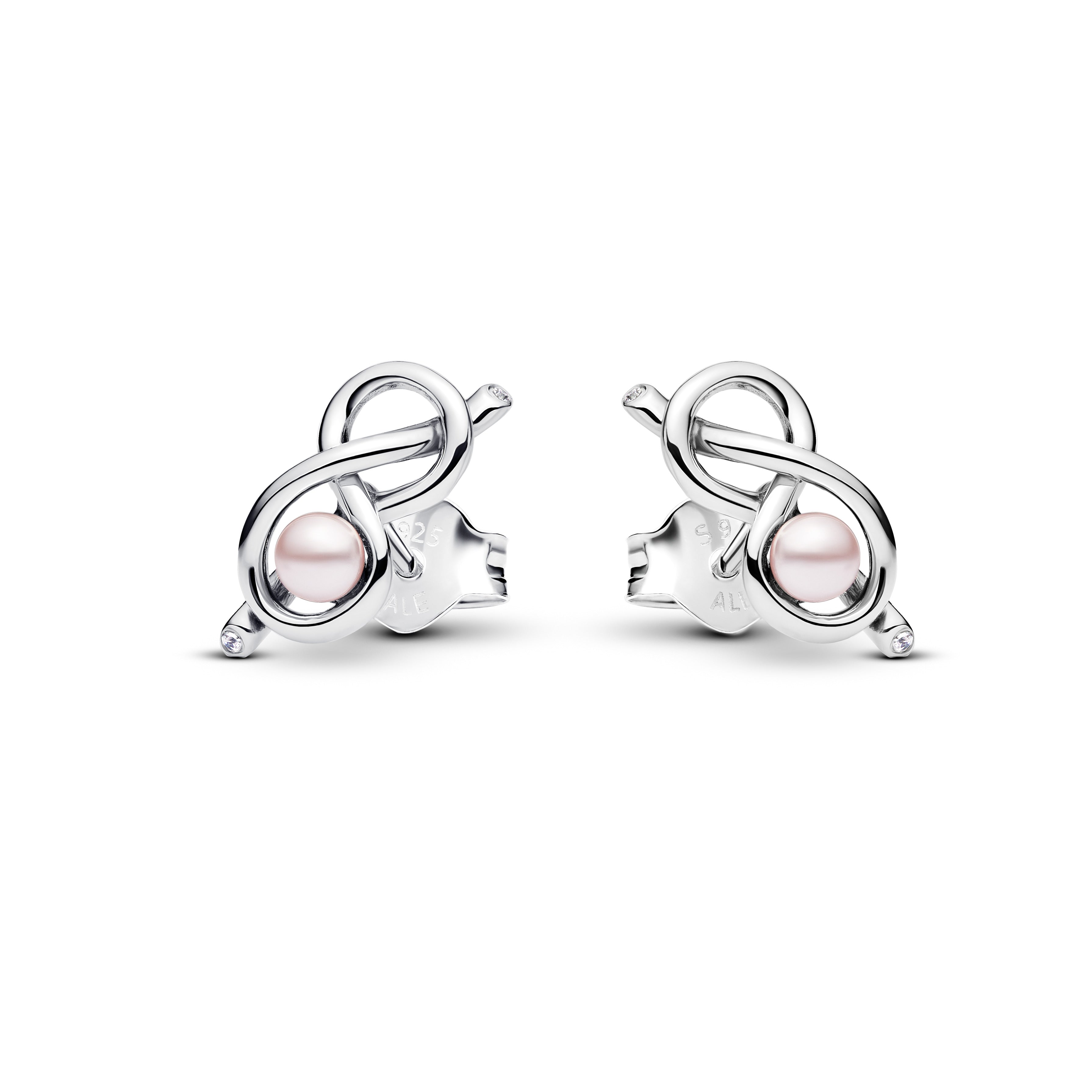 Infinity Knot Sterling Silver Stud Earrings With Pink Lacquered Artificial Pearl And Clear Cubic Zirconia