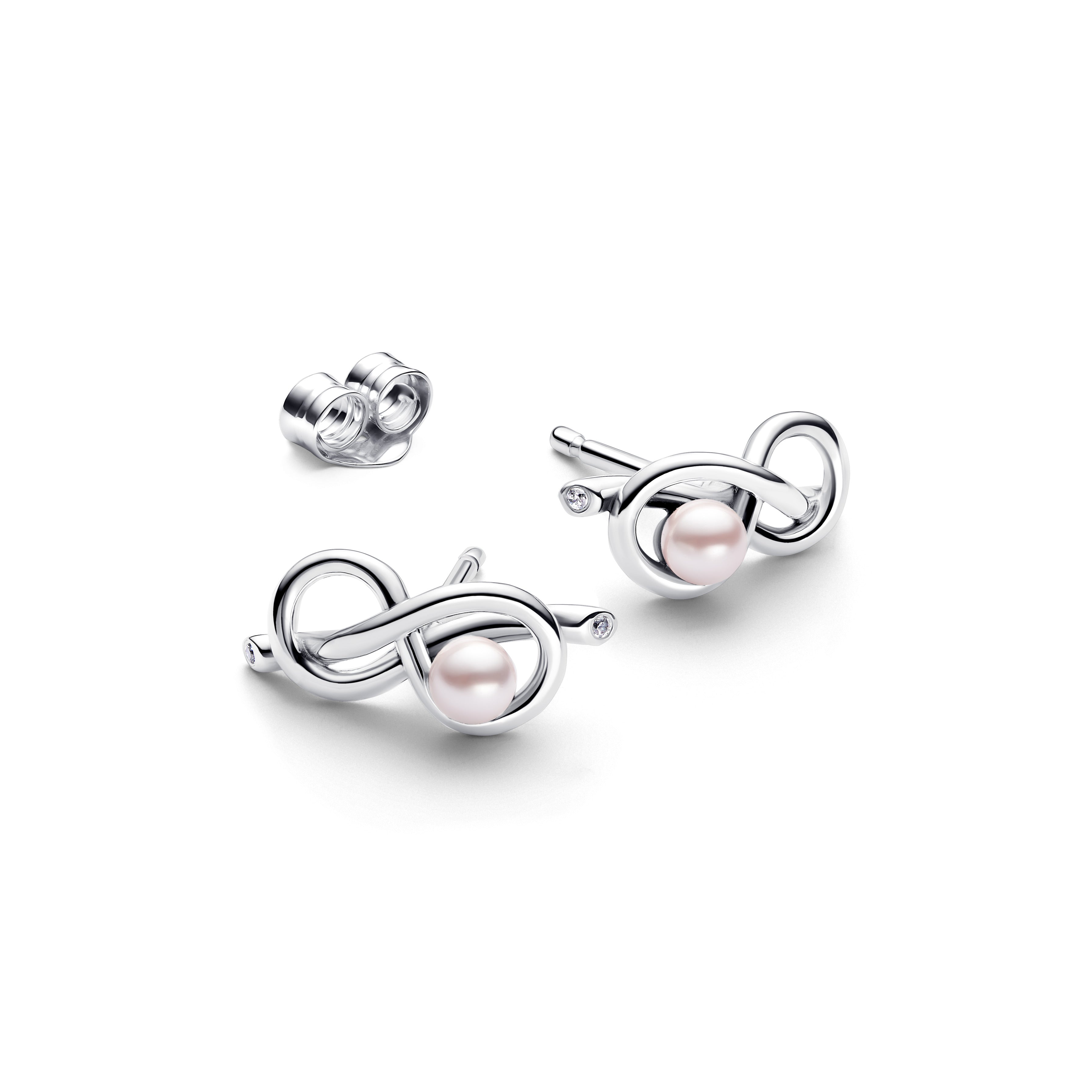Infinity Knot Sterling Silver Stud Earrings With Pink Lacquered Artificial Pearl And Clear Cubic Zirconia