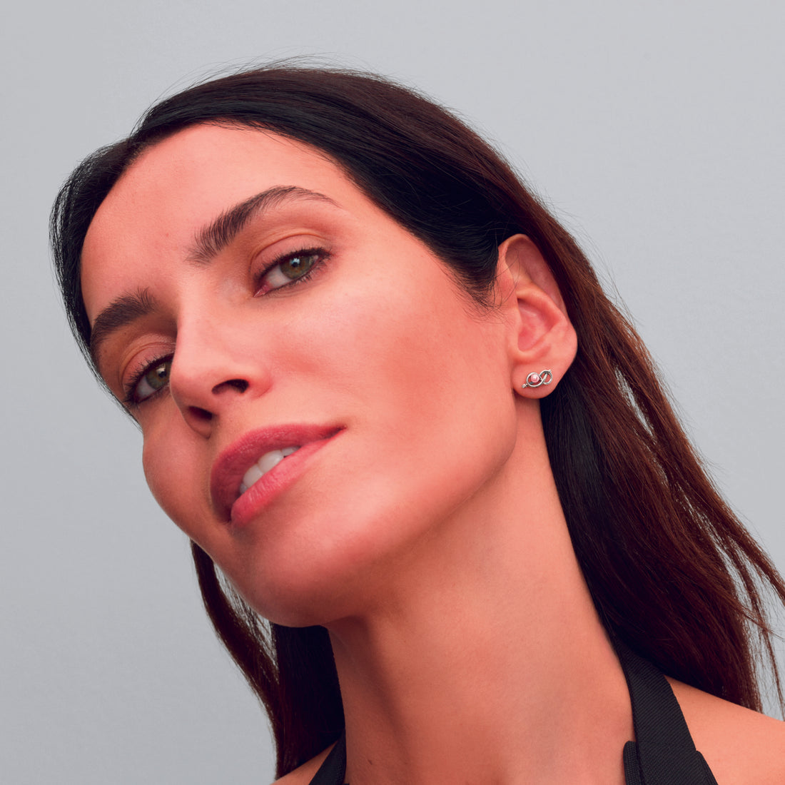 Infinity Knot Sterling Silver Stud Earrings With Pink Lacquered Artificial Pearl And Clear Cubic Zirconia