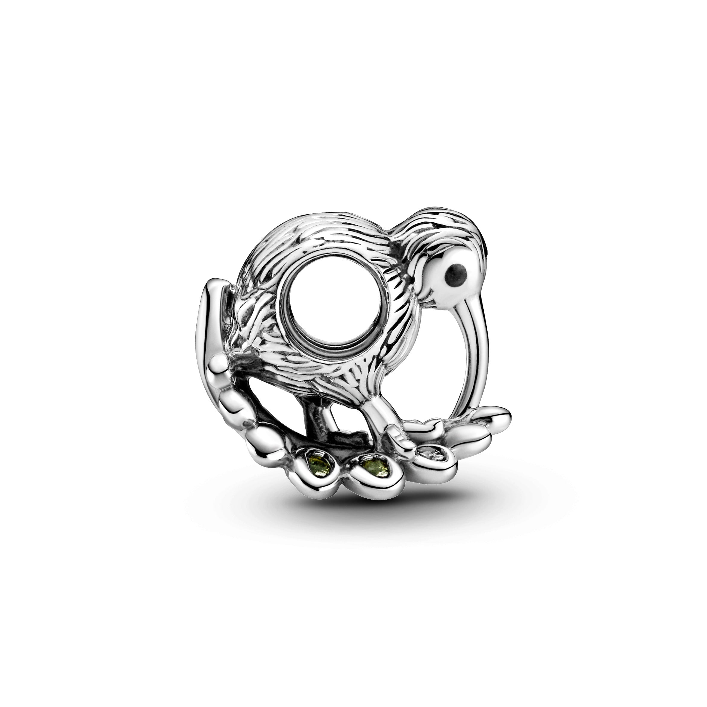 Kiwi Bird Sterling Silver Charm With Light Green Crystal, Clear Cubic Zirconia And Black Enamel