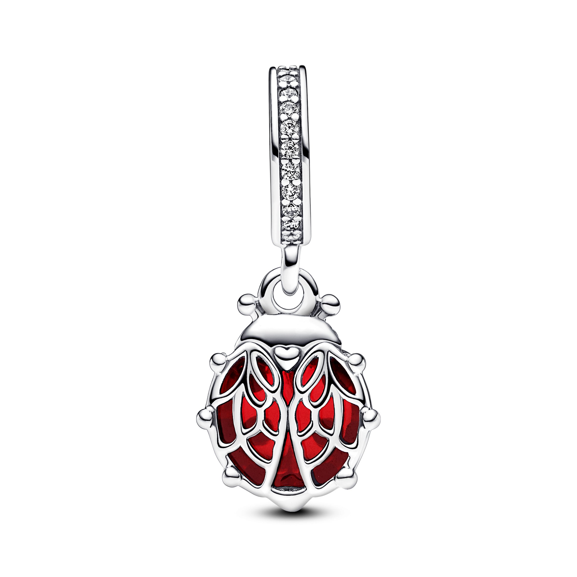 Ladybird Sterling Silver Dangle With Salsa Red Crystal, Clear Cubic Zirconia And Black Enamel