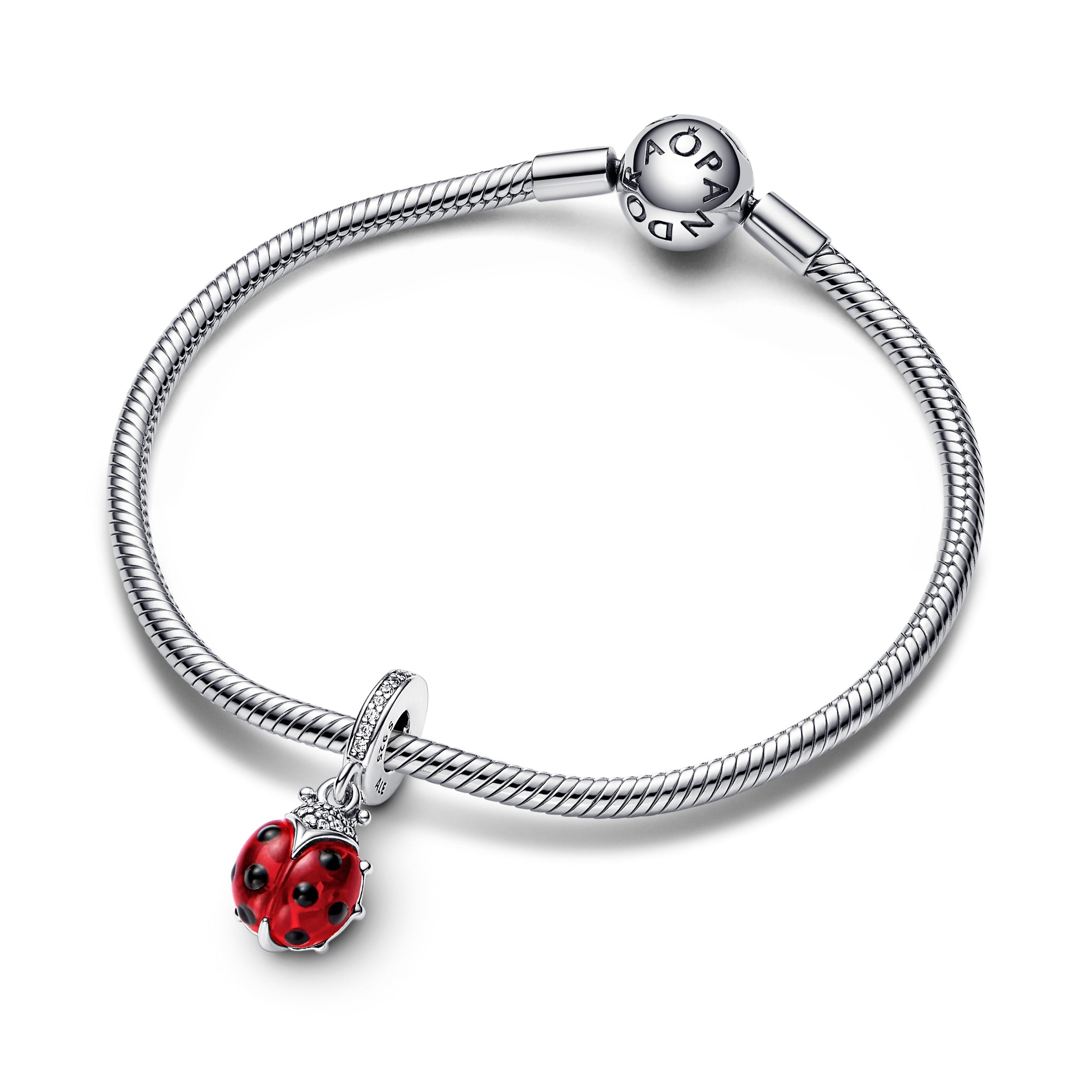 Ladybird Sterling Silver Dangle With Salsa Red Crystal, Clear Cubic Zirconia And Black Enamel