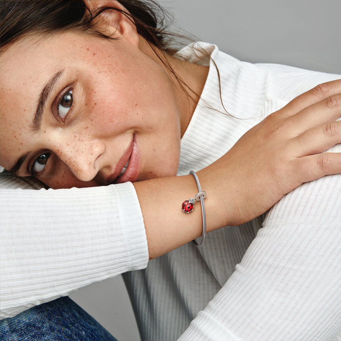 Ladybird Sterling Silver Dangle With Salsa Red Crystal, Clear Cubic Zirconia And Black Enamel
