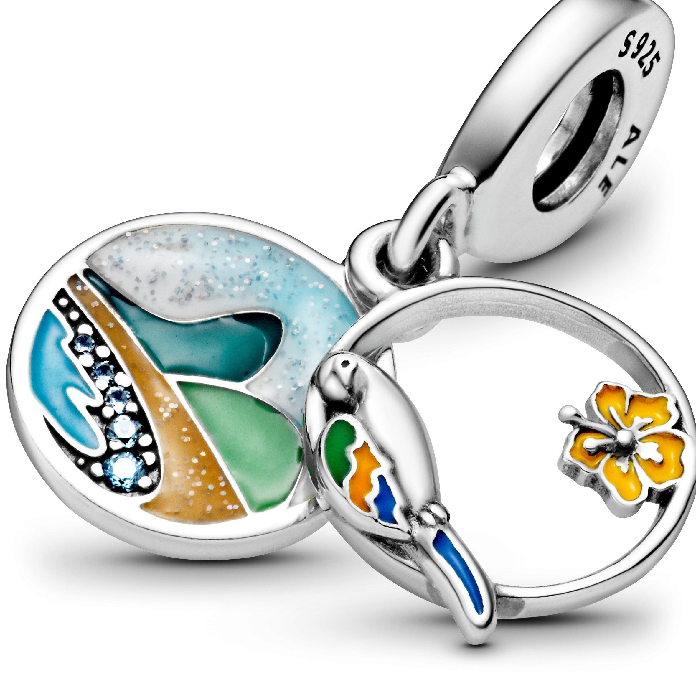 Love Brazil Sterling Silver Dangle With Icy Blue Crystal And Green, Blue, Yellow And Glittery Enamel
