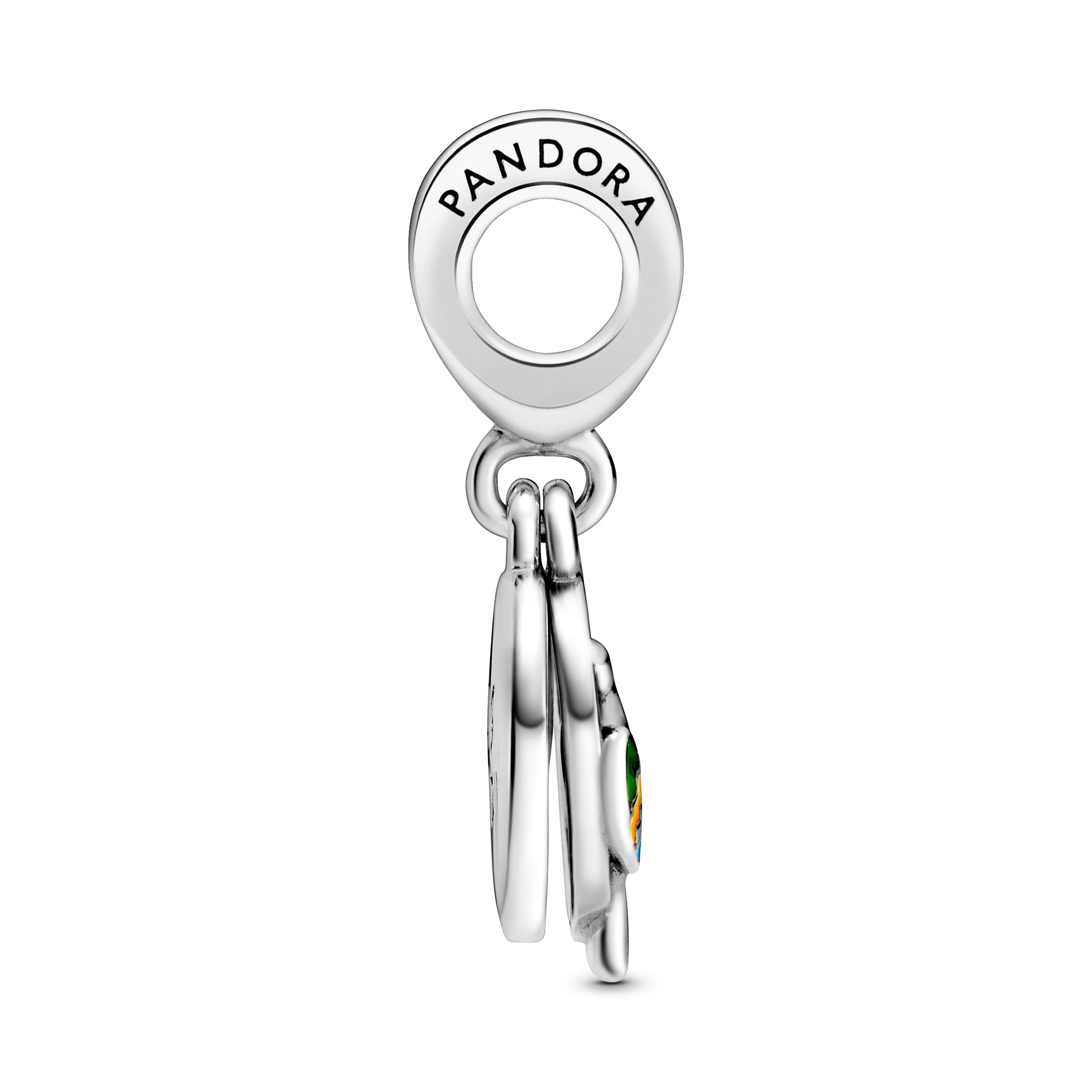 Love Brazil Sterling Silver Dangle With Icy Blue Crystal And Green, Blue, Yellow And Glittery Enamel