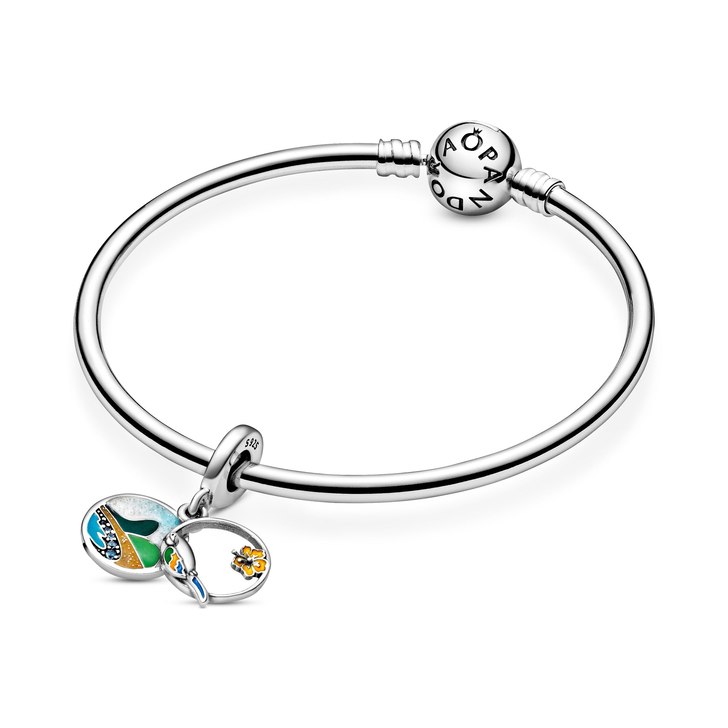 Love Brazil Sterling Silver Dangle With Icy Blue Crystal And Green, Blue, Yellow And Glittery Enamel