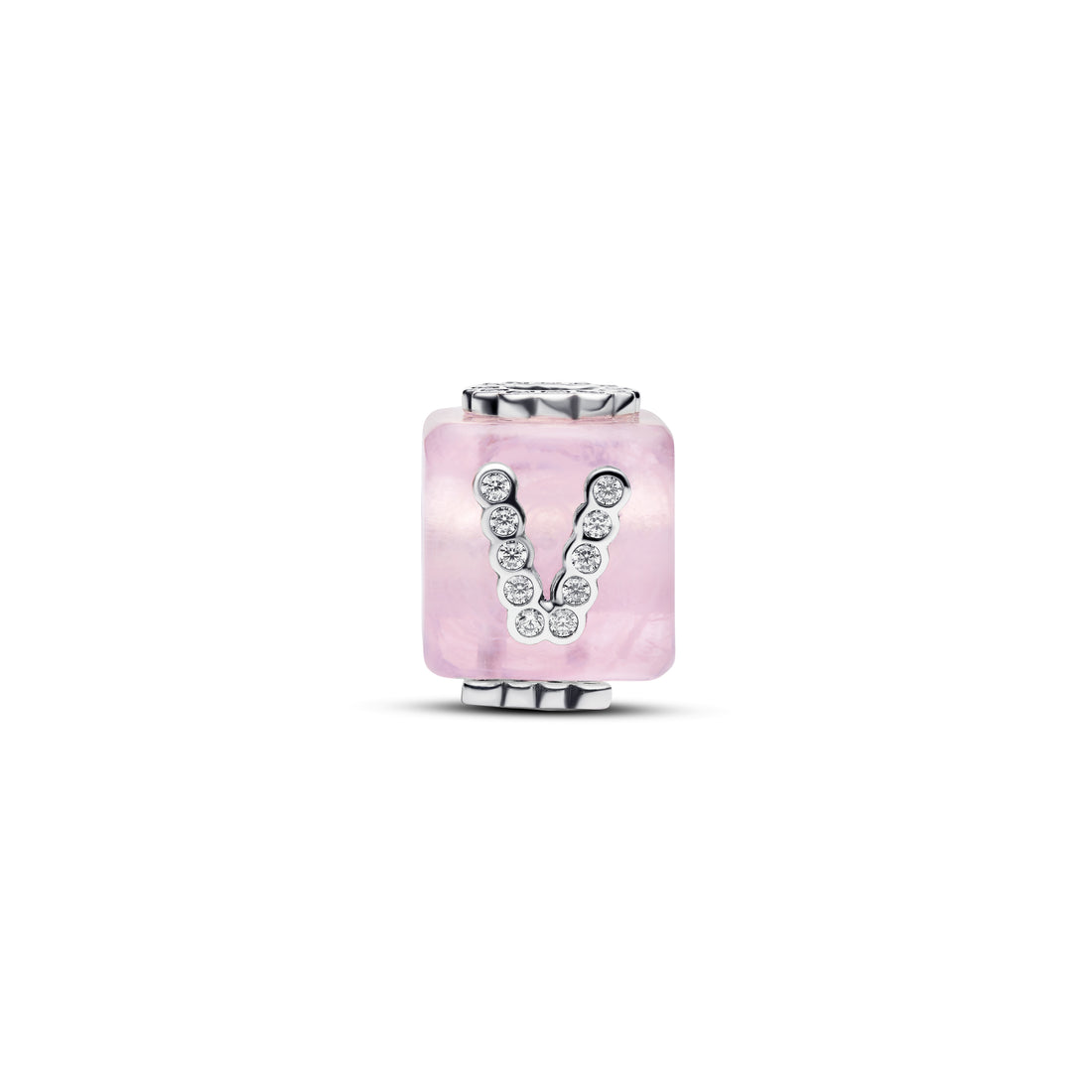 Love Cube Sterling Silver Charm With Pink Murano Glas And  Clear Cubic Zirconia