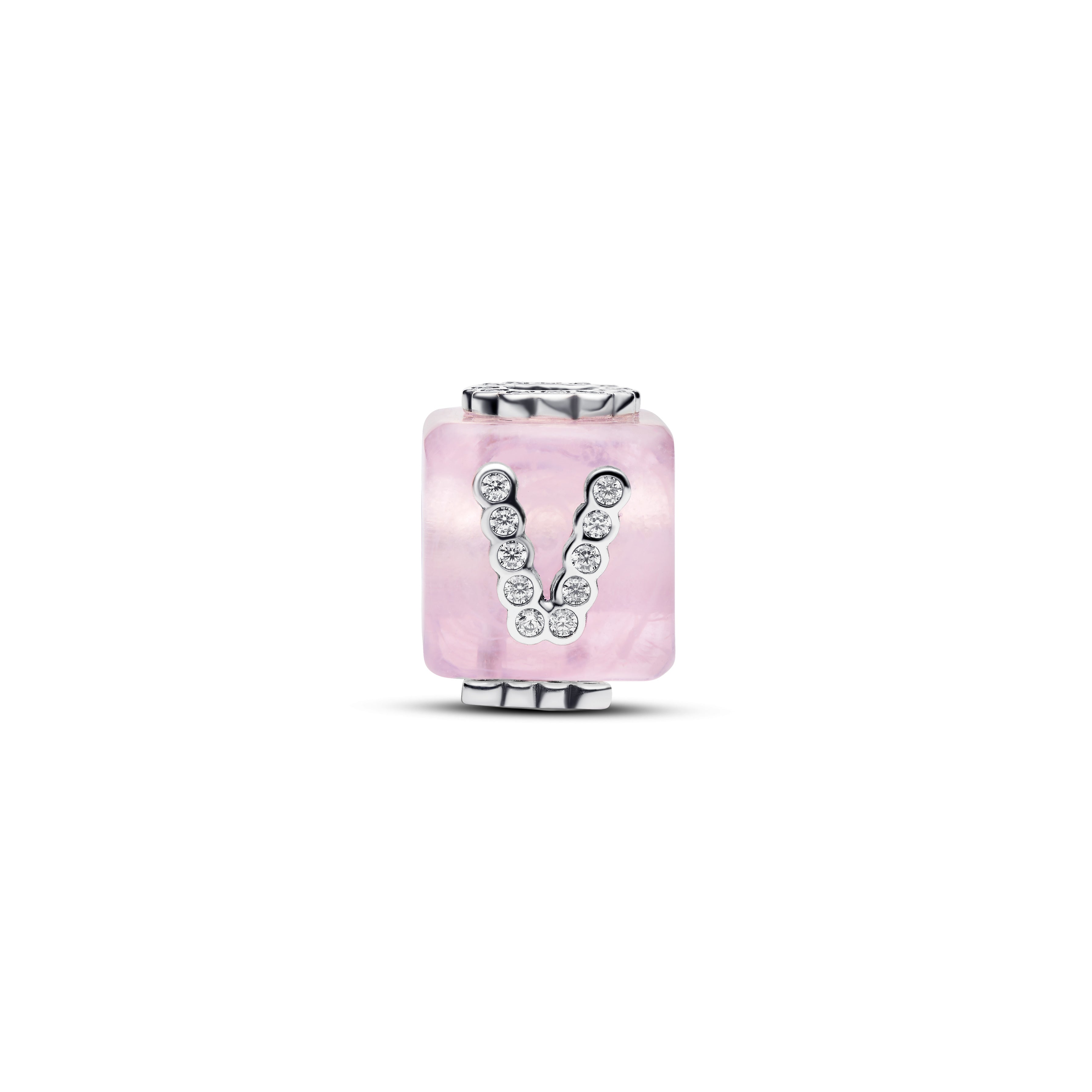 Love Cube Sterling Silver Charm With Pink Murano Glas And  Clear Cubic Zirconia