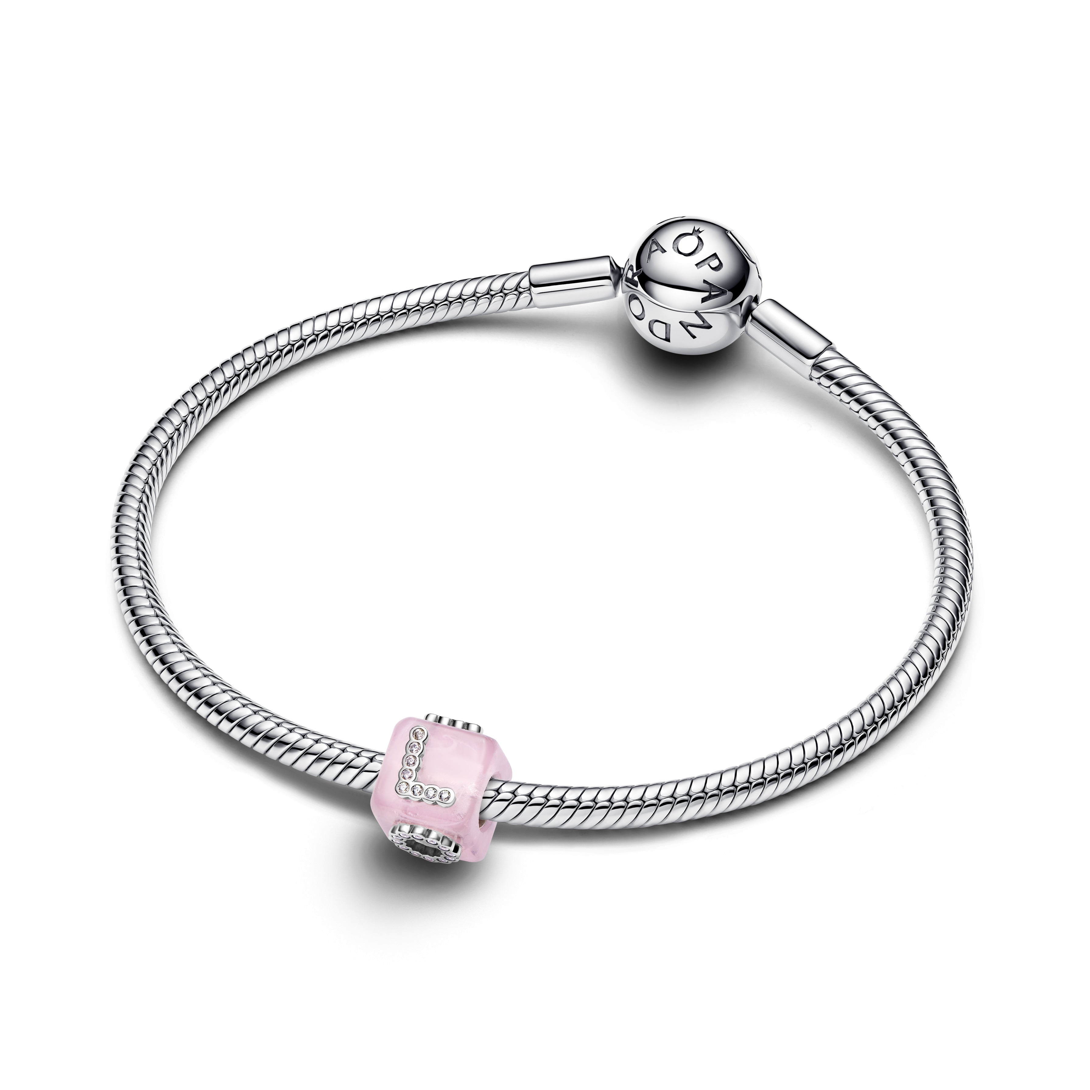 Love Cube Sterling Silver Charm With Pink Murano Glas And  Clear Cubic Zirconia