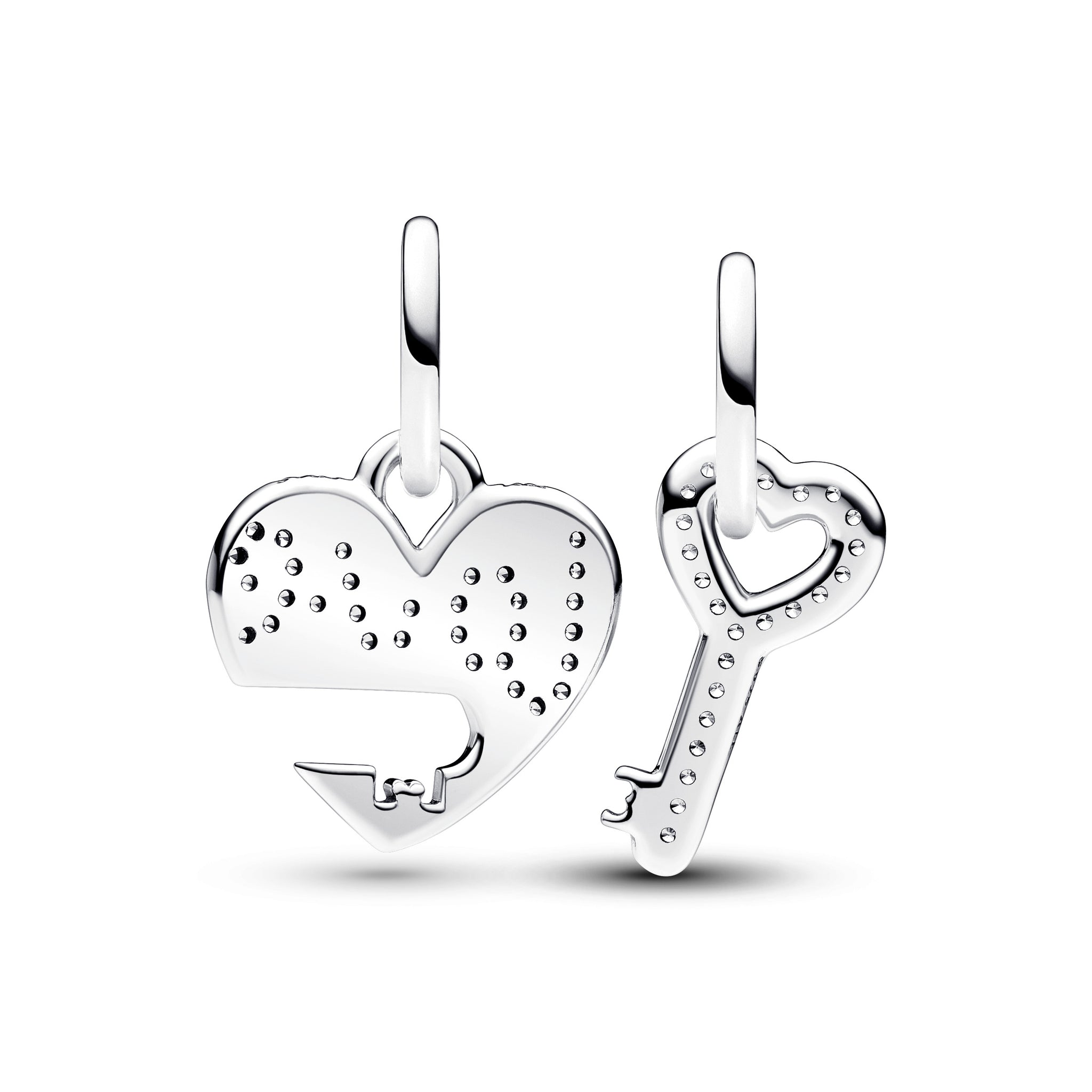 Love Heart And Key Sterling Silver Splittable Dangle With Clear Cubic Zirconia