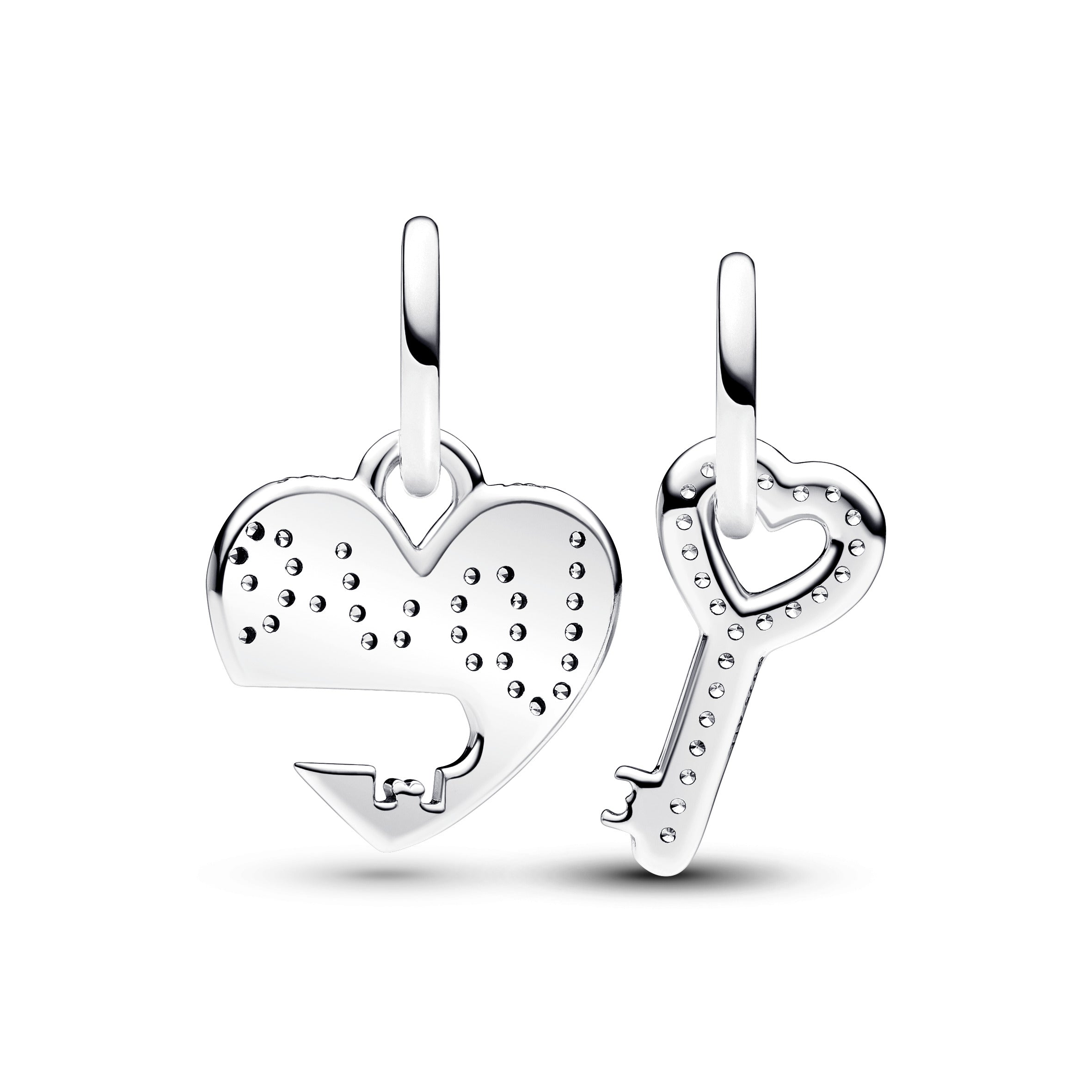 Love Heart And Key Sterling Silver Splittable Dangle With Clear Cubic Zirconia