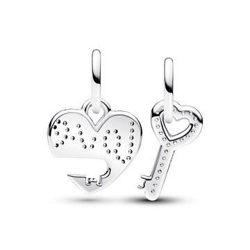 Love Heart And Key Sterling Silver Splittable Dangle With Clear Cubic Zirconia