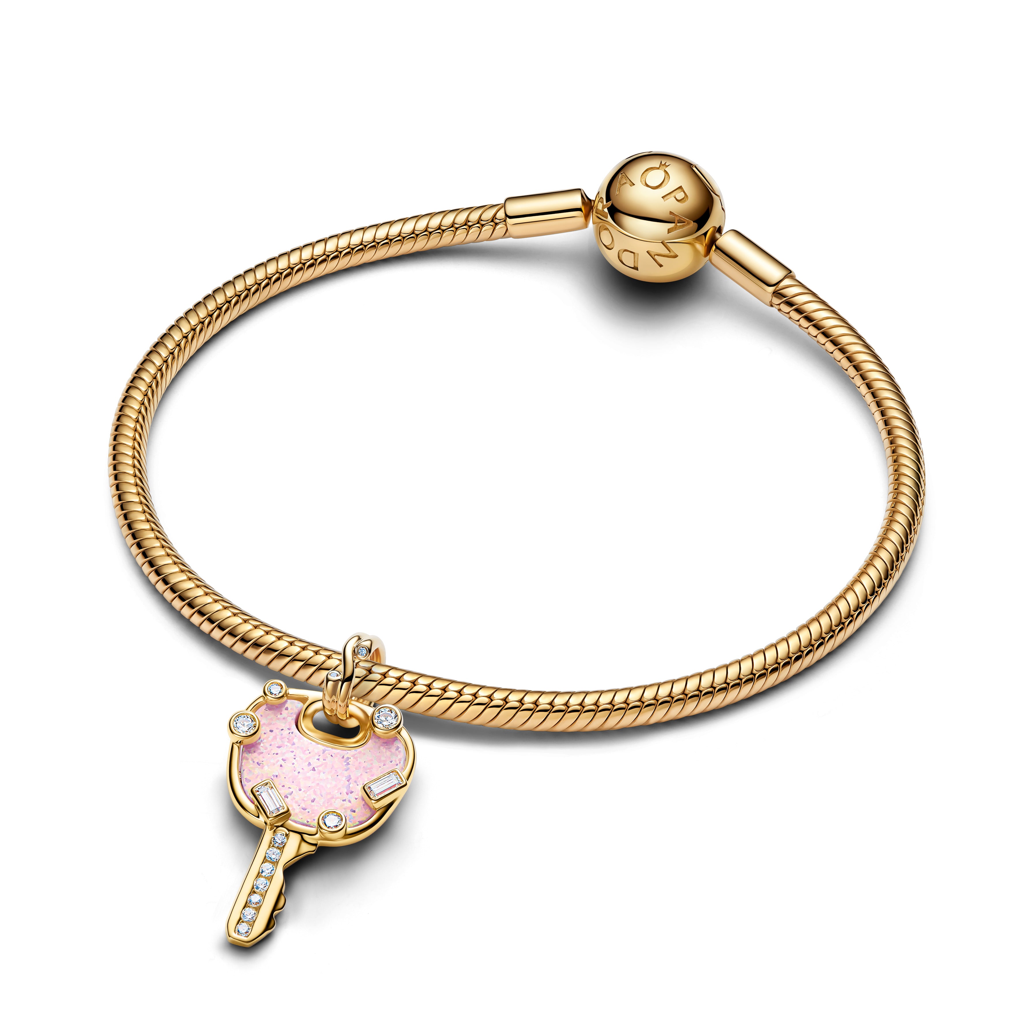 Love Key 14K Gold-Plated Dangle With Clear Cubic Zirconia And Lab-Created Pink Opal