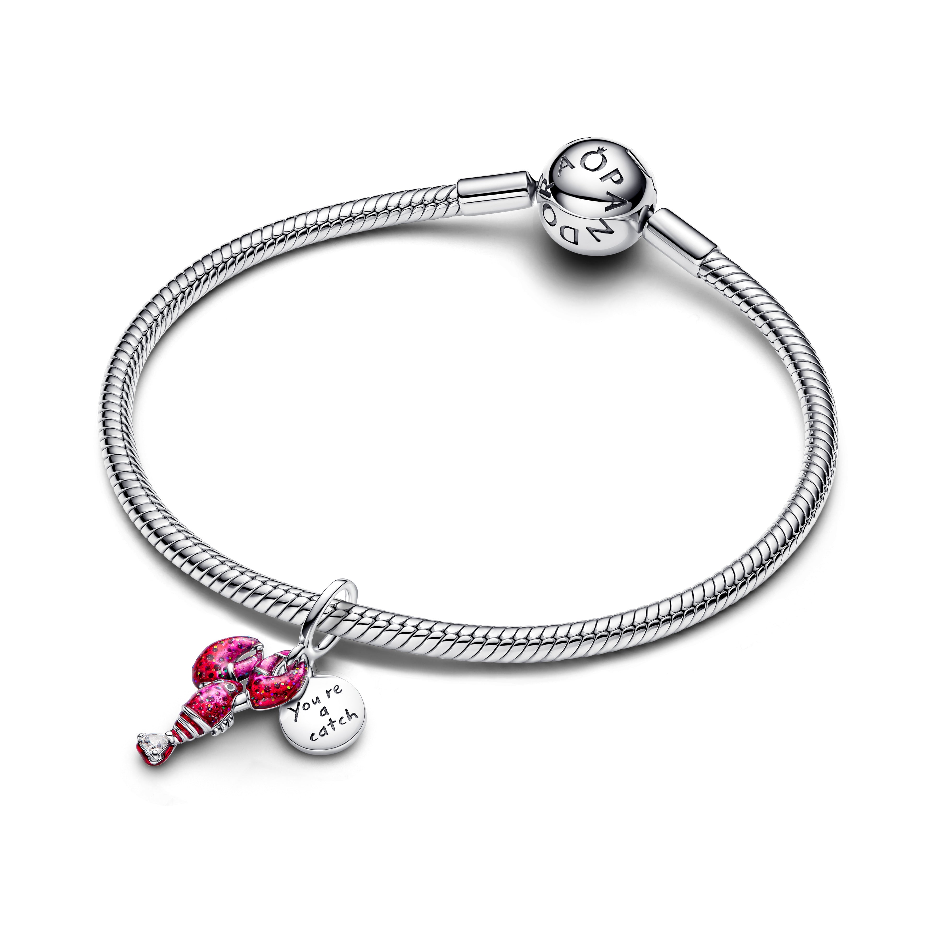 Love Lobster Sterling Silver Double Dangle With Clear Cubic Zirconia, Black, Glittery Red And Pink Enamel