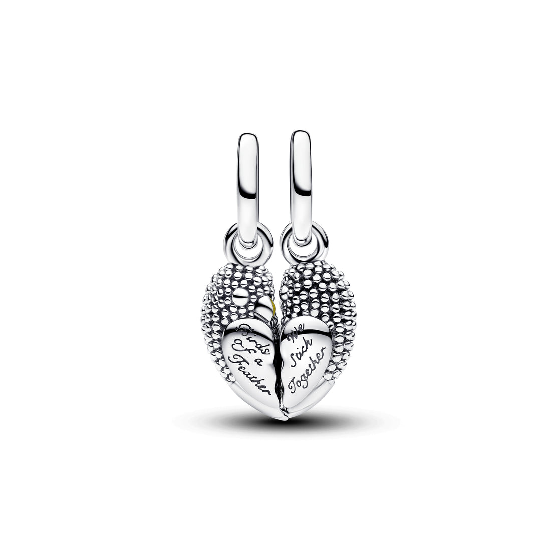 Magnetic Love Birds Sterling Silver Splittable Dangle With Royal Green Crystal, Yellow And Shaded Pink Enamel