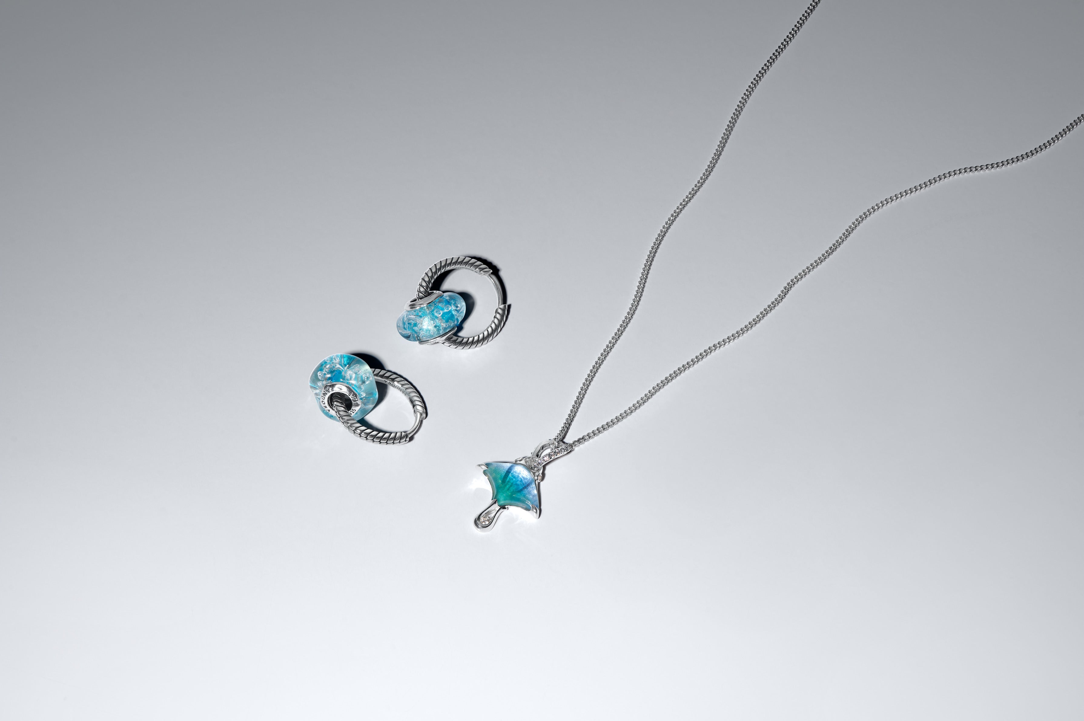 Manta Sterling Silver Dangle With Clear Cubic Zirconia, White Bioresin Man-Made Mother Of Pearl, Enamel And Shaded Blue Murano G