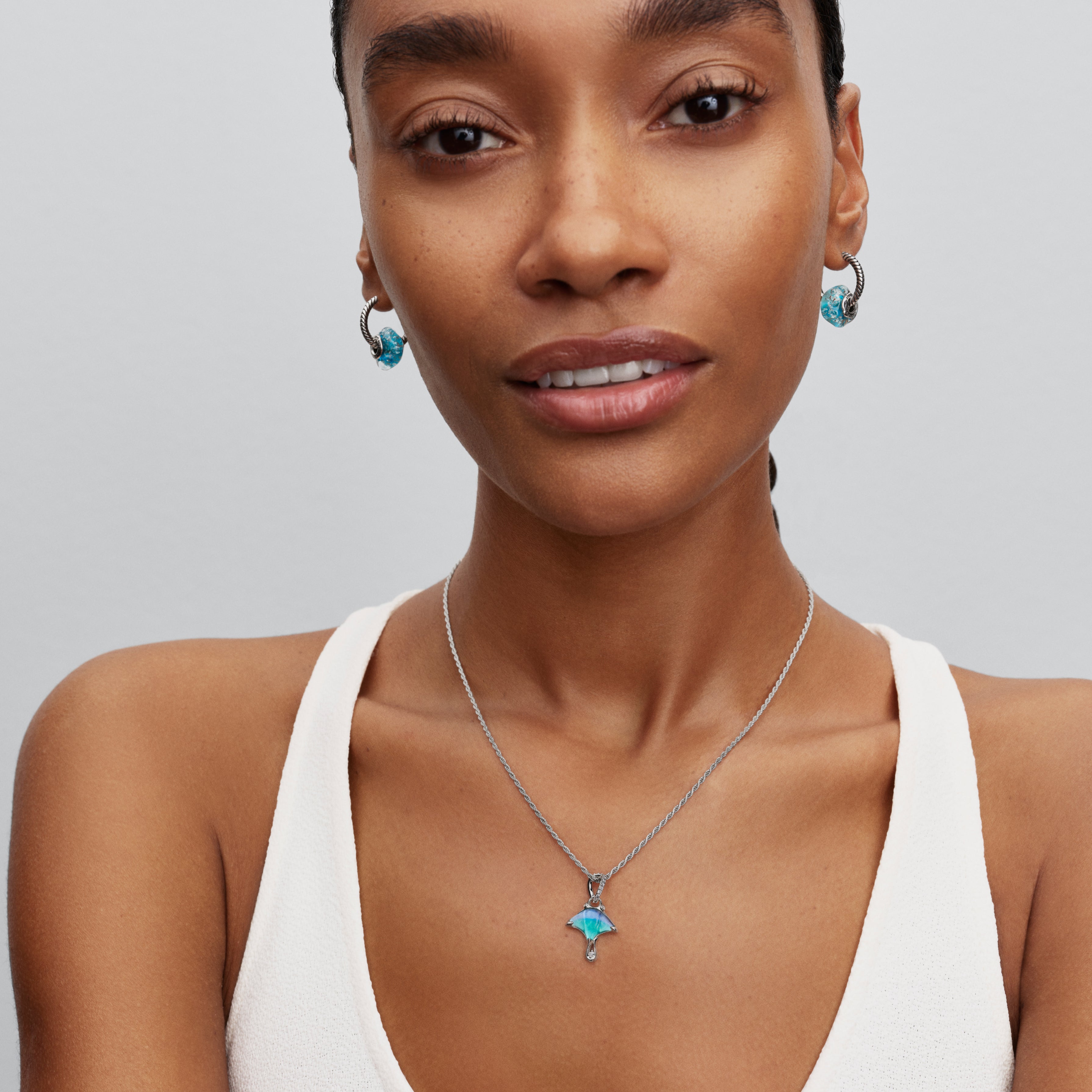Manta Sterling Silver Dangle With Clear Cubic Zirconia, White Bioresin Man-Made Mother Of Pearl, Enamel And Shaded Blue Murano G