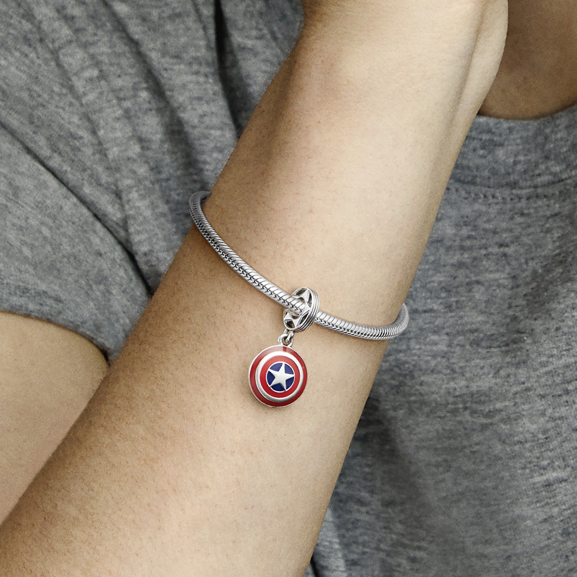 Marvel Captain America Shield Sterling Silver Dangle With Blue And Red Enamel