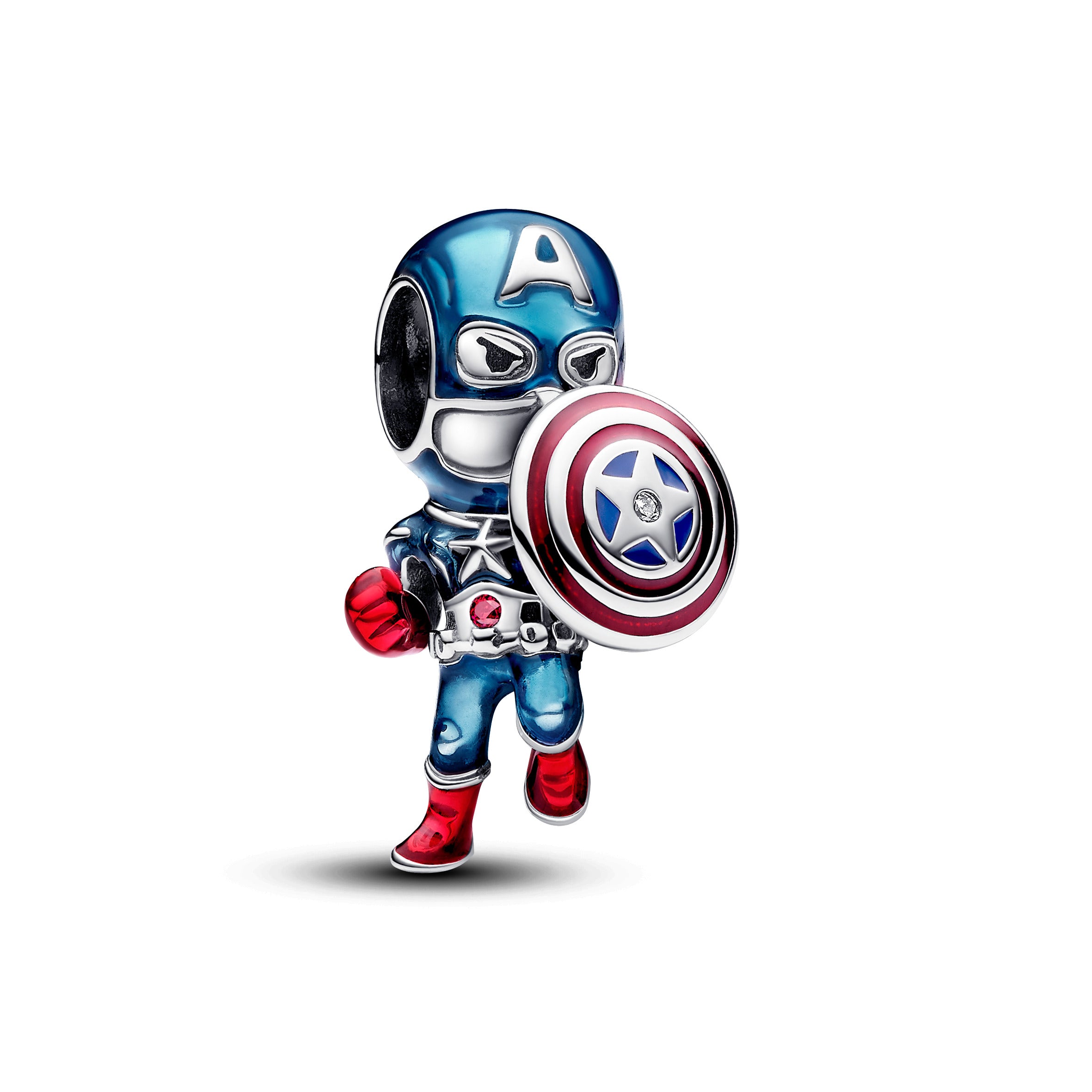 Marvel Captain America Sterling Silver Charm With Clear And Red Cubic Zirconia, Red And Blue Enamel