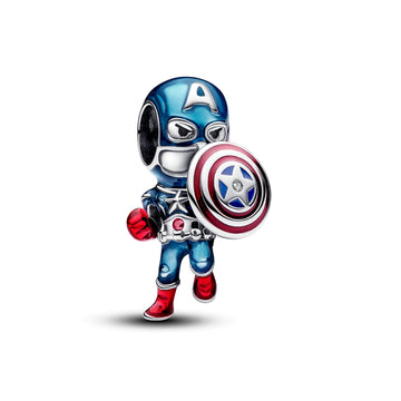 Marvel Captain America Sterling Silver Charm With Clear And Red Cubic Zirconia, Red And Blue Enamel