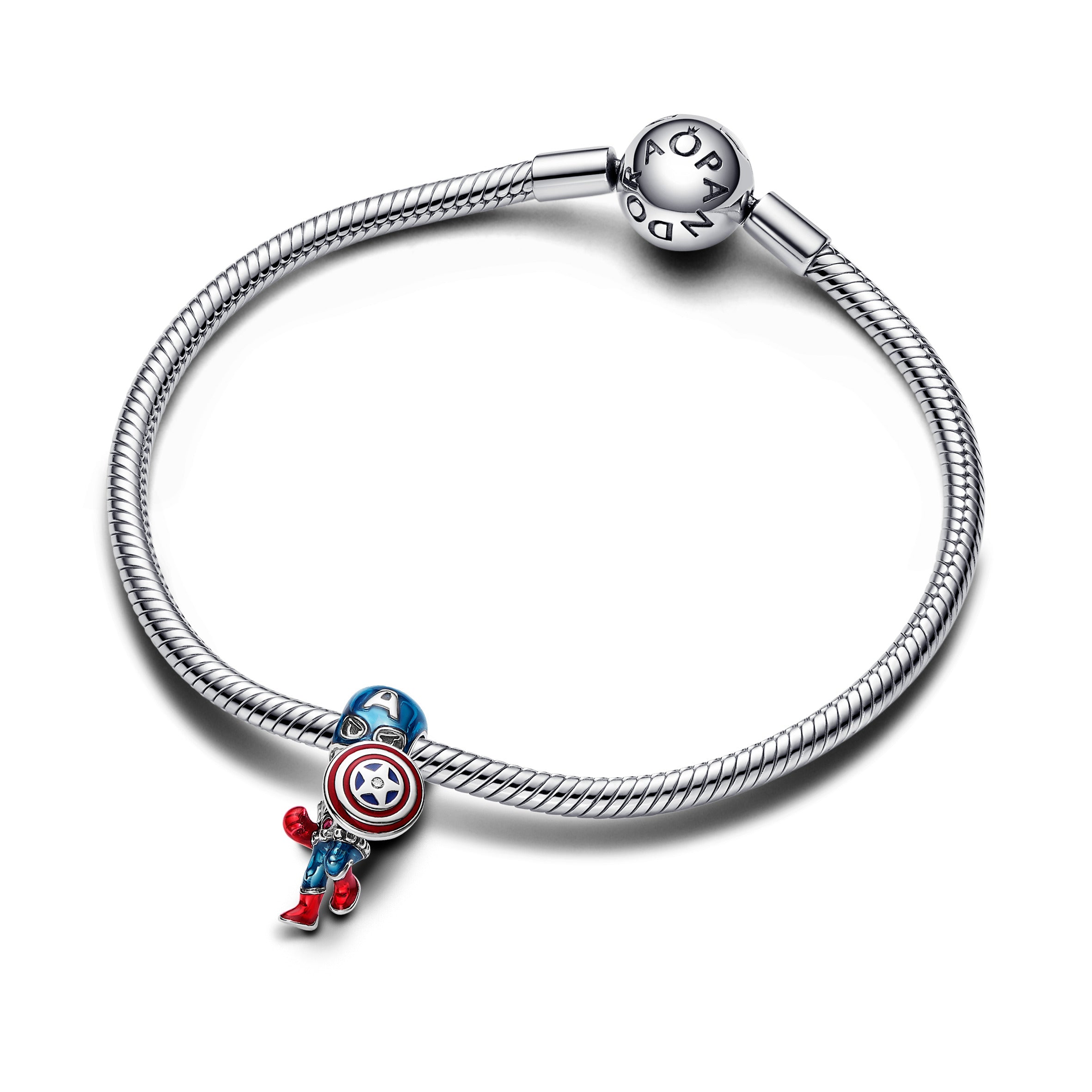 Marvel Captain America Sterling Silver Charm With Clear And Red Cubic Zirconia, Red And Blue Enamel